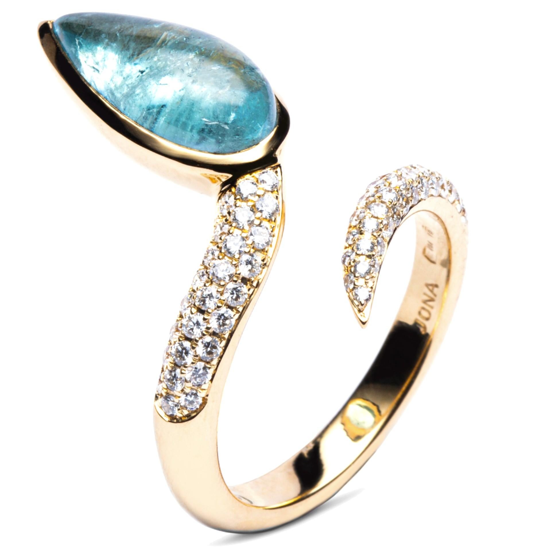 Schlangenring von Jona, blauer Turmalin, weißer Diamant, 18 Karat Gelbgold (Ovalschliff) im Angebot