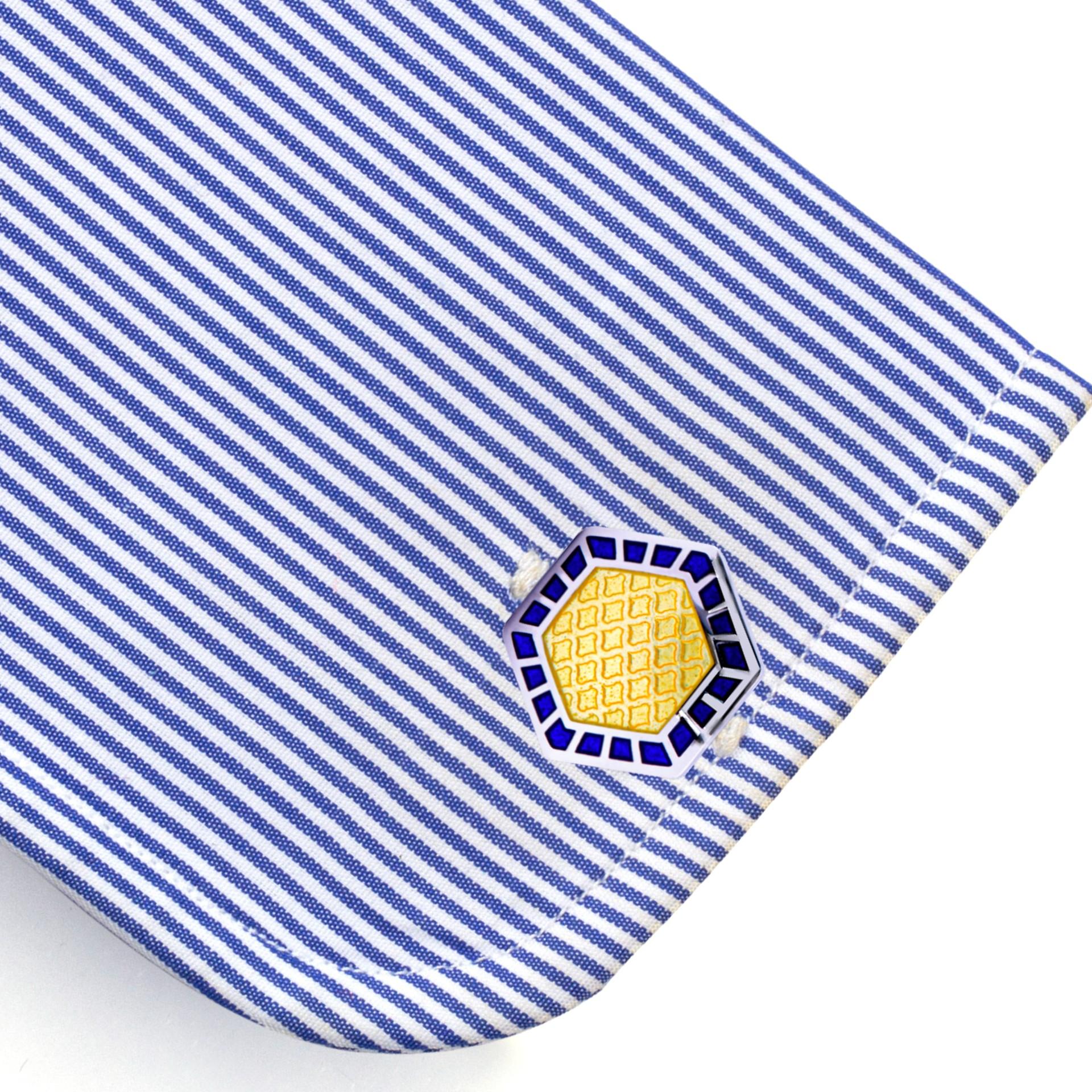 Manschettenknöpfe aus Sterlingsilber mit blauer und gelber Emaille Herren im Angebot