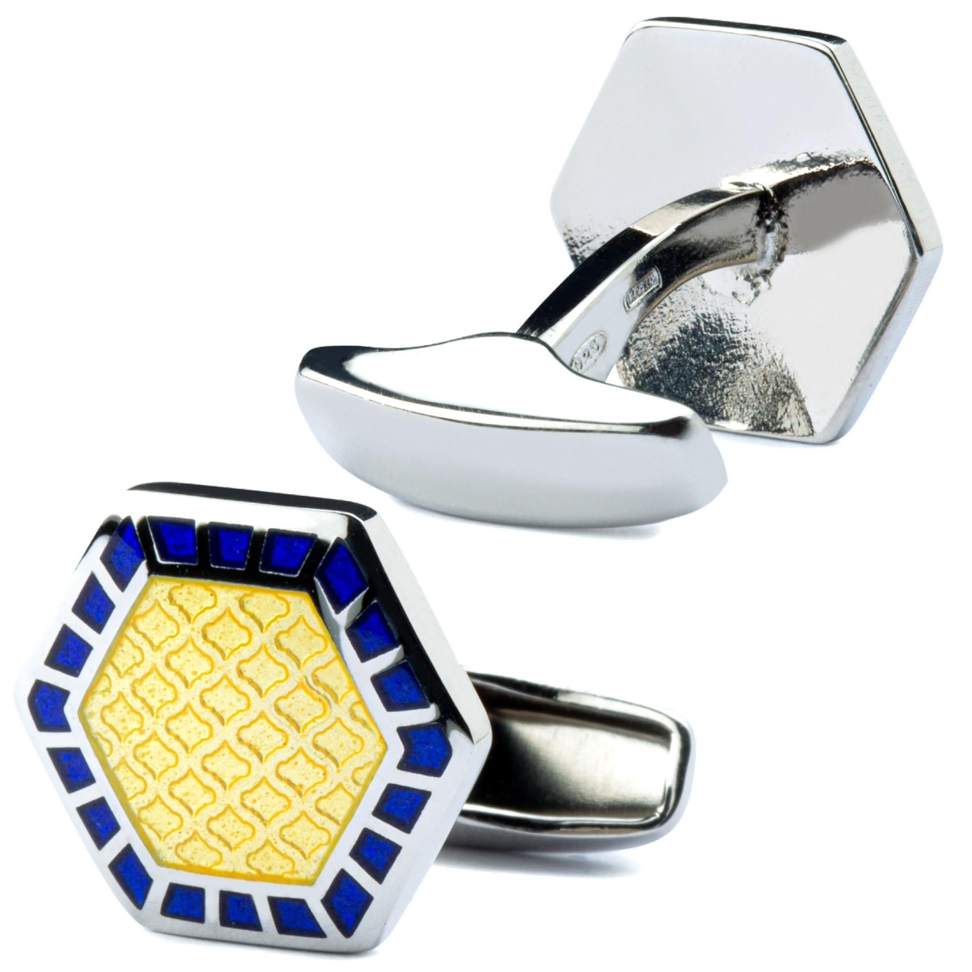 Alex Jona Blue Yellow Enamel Sterling Silver Cufflinks In New Condition For Sale In Lugano, CH