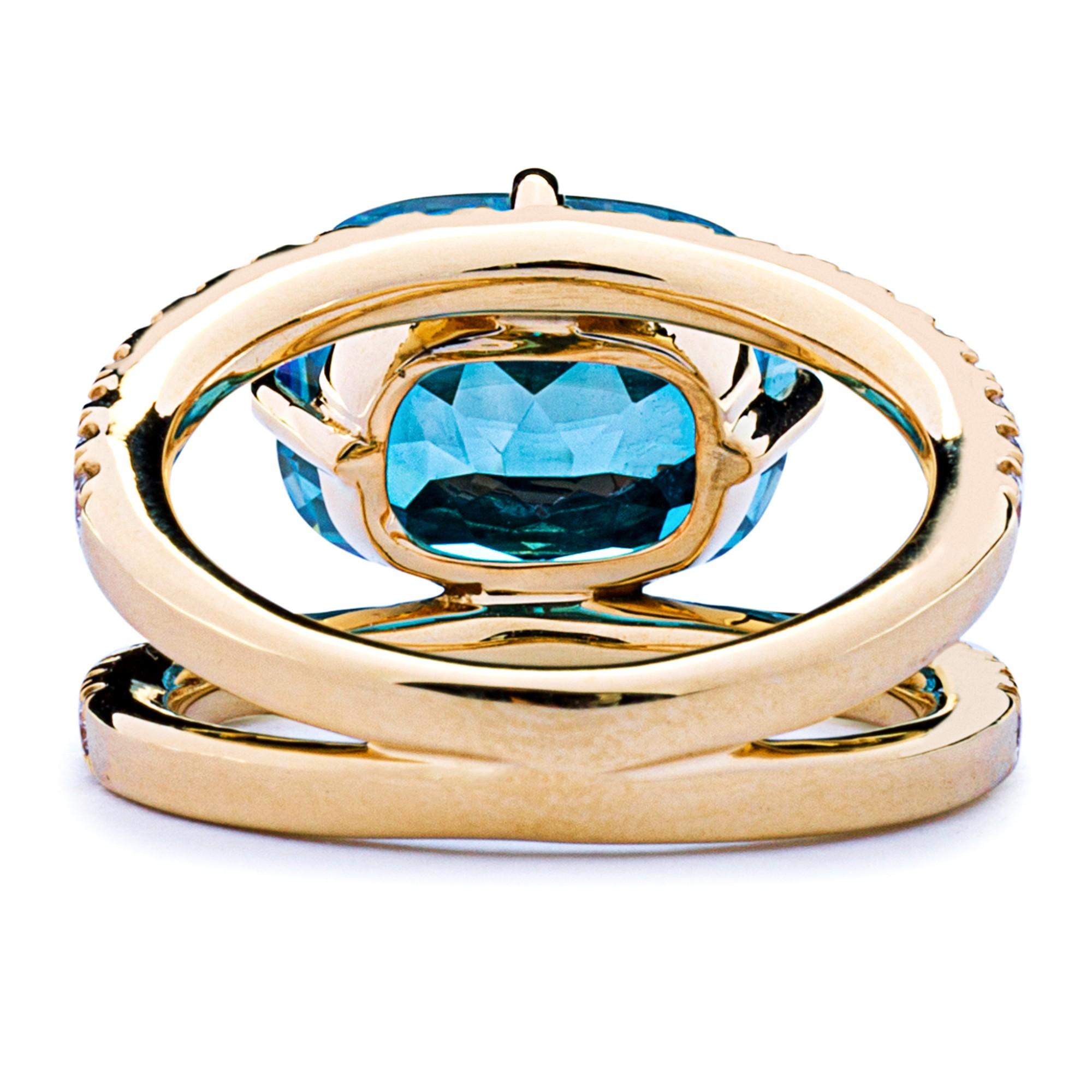 Alex Jona Blue Zircon White Diamond 18 Karat Yellow Gold Open Band Ring For Sale 1