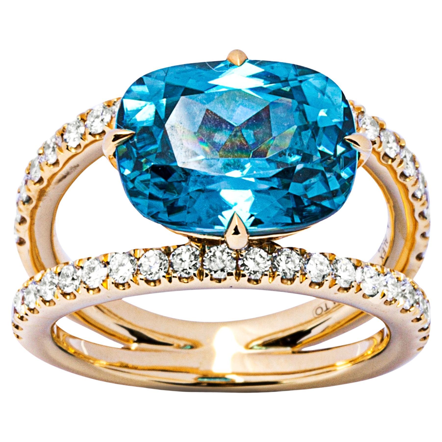 Alex Jona Blue Zircon White Diamond 18 Karat Yellow Gold Open Band Ring For Sale