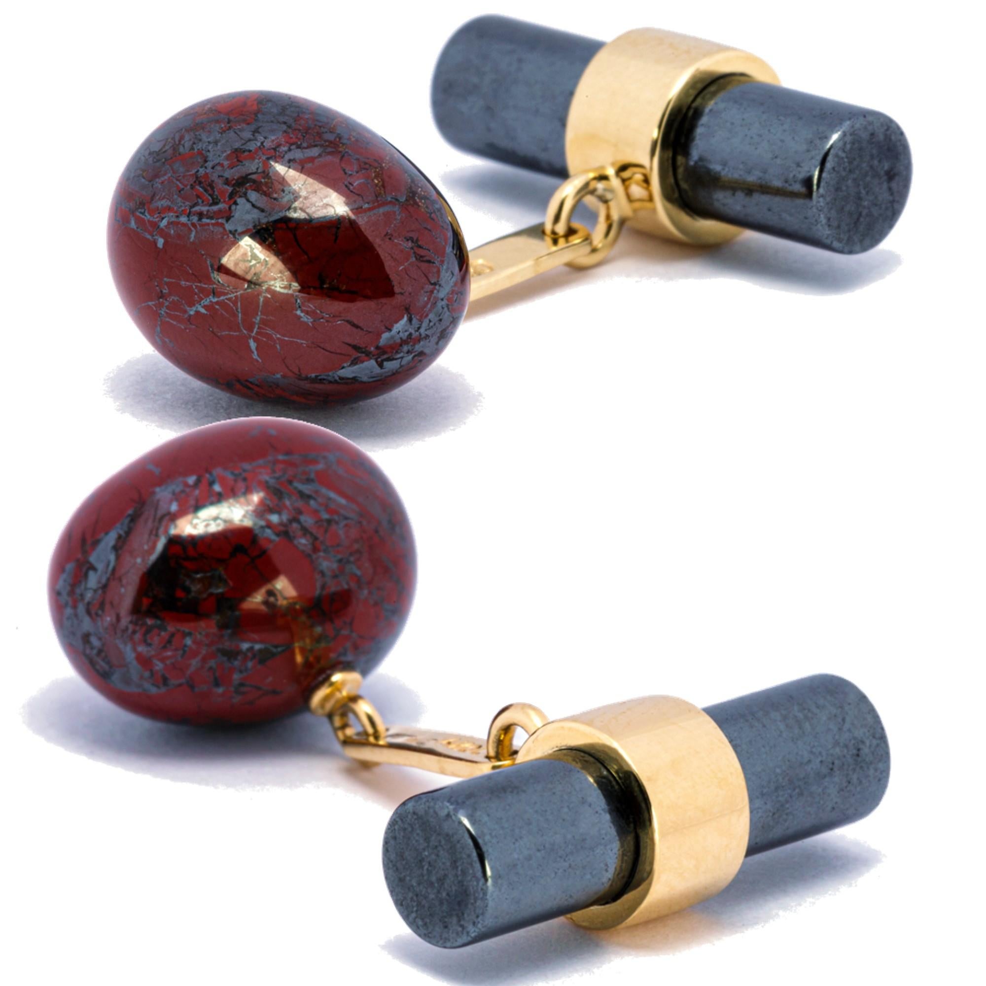 Alex Jona design collection, hand crafted in Italy, 18 karat Yellow gold Breciated Jasper Egg and Hematite Cylinder cufflinks.
Dimensions : 
- Cylinder: 0.75 in. L x 0.2 in. D - 20 mm. L x 5 mm. D
- Egg: 0.53 in L x 0.42 in W -  13.51 mm L x 10 mm