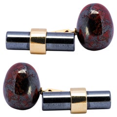 Alex Jona Breciated Jasper Egg And Hematite Cylinder 18 K Yellow Gold Cufflinks