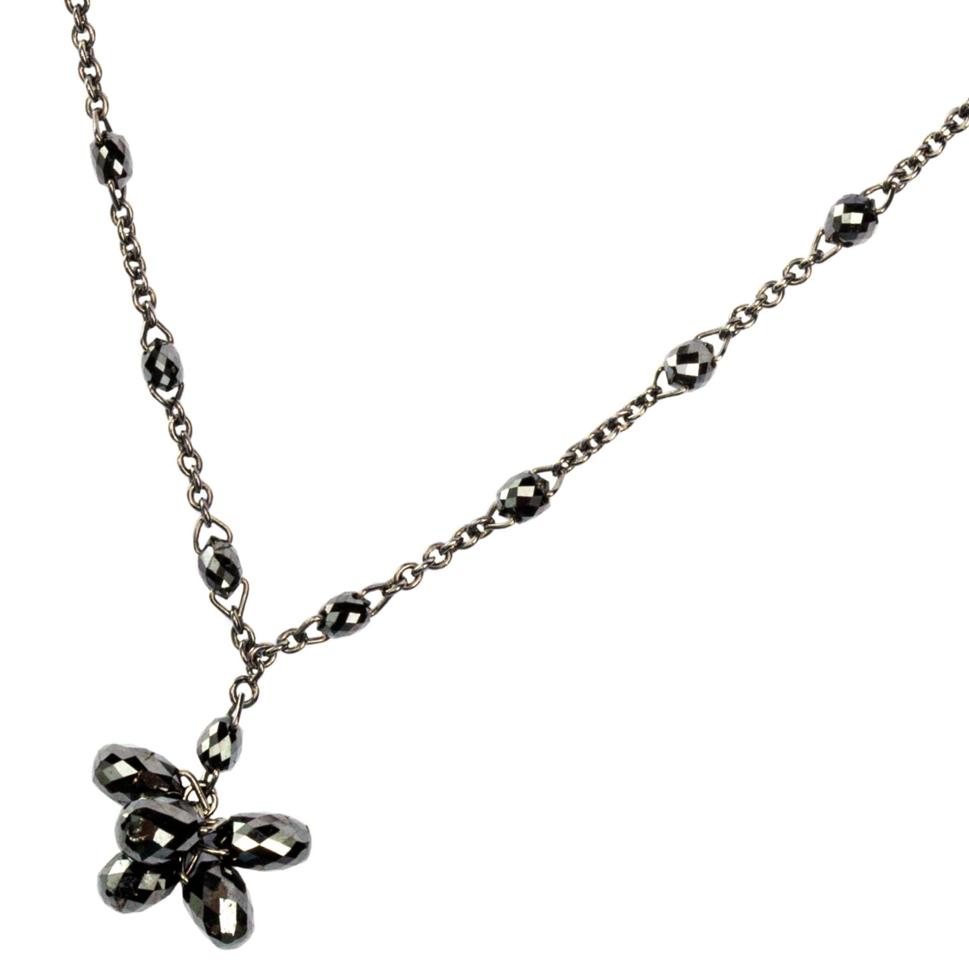 Round Cut Alex Jona Briolette-Cut Black Diamond 18 Karat White Gold Link Chain Necklace For Sale