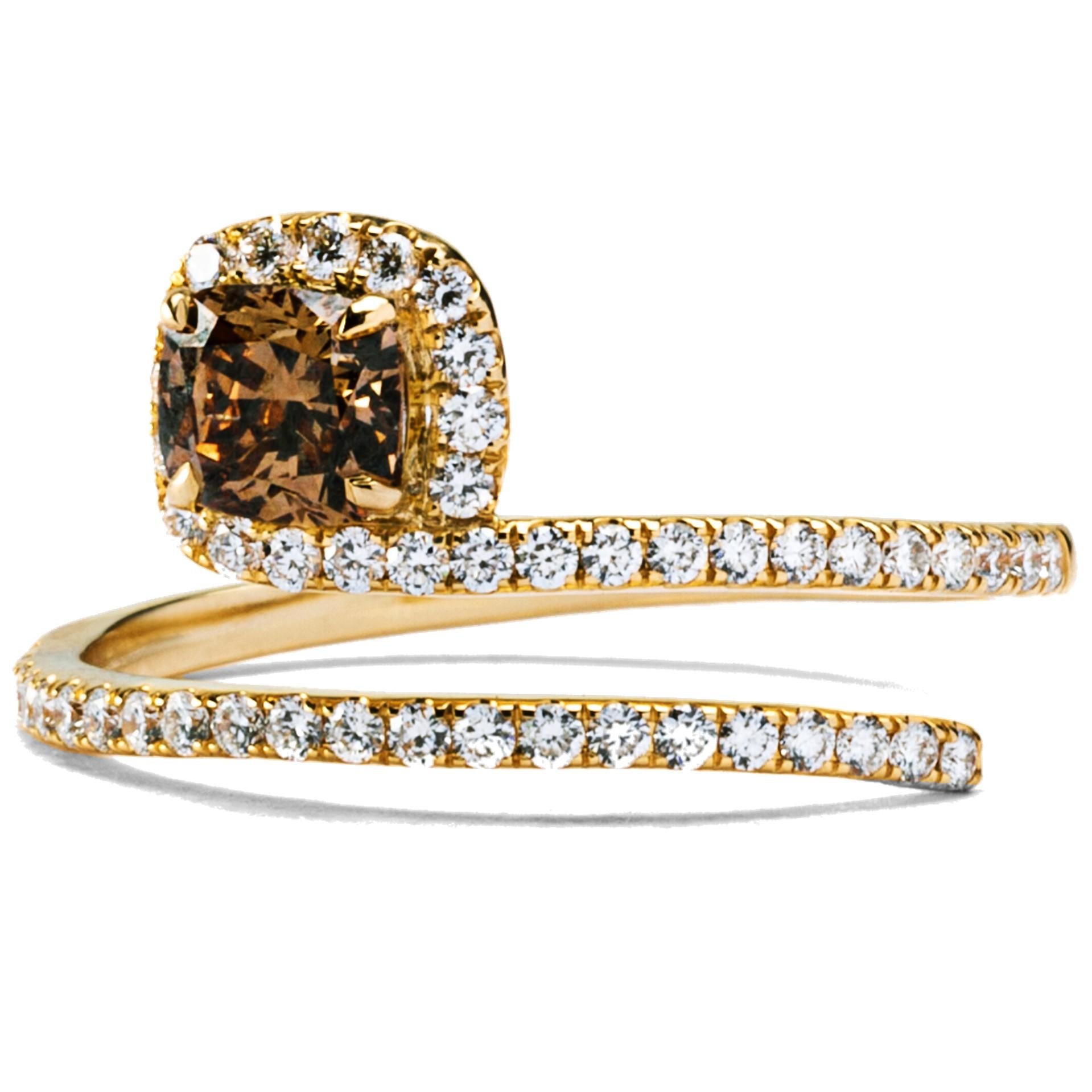 Alex Jona Brown and White Diamond 18 Karat Yellow Gold Coil Halo Ring