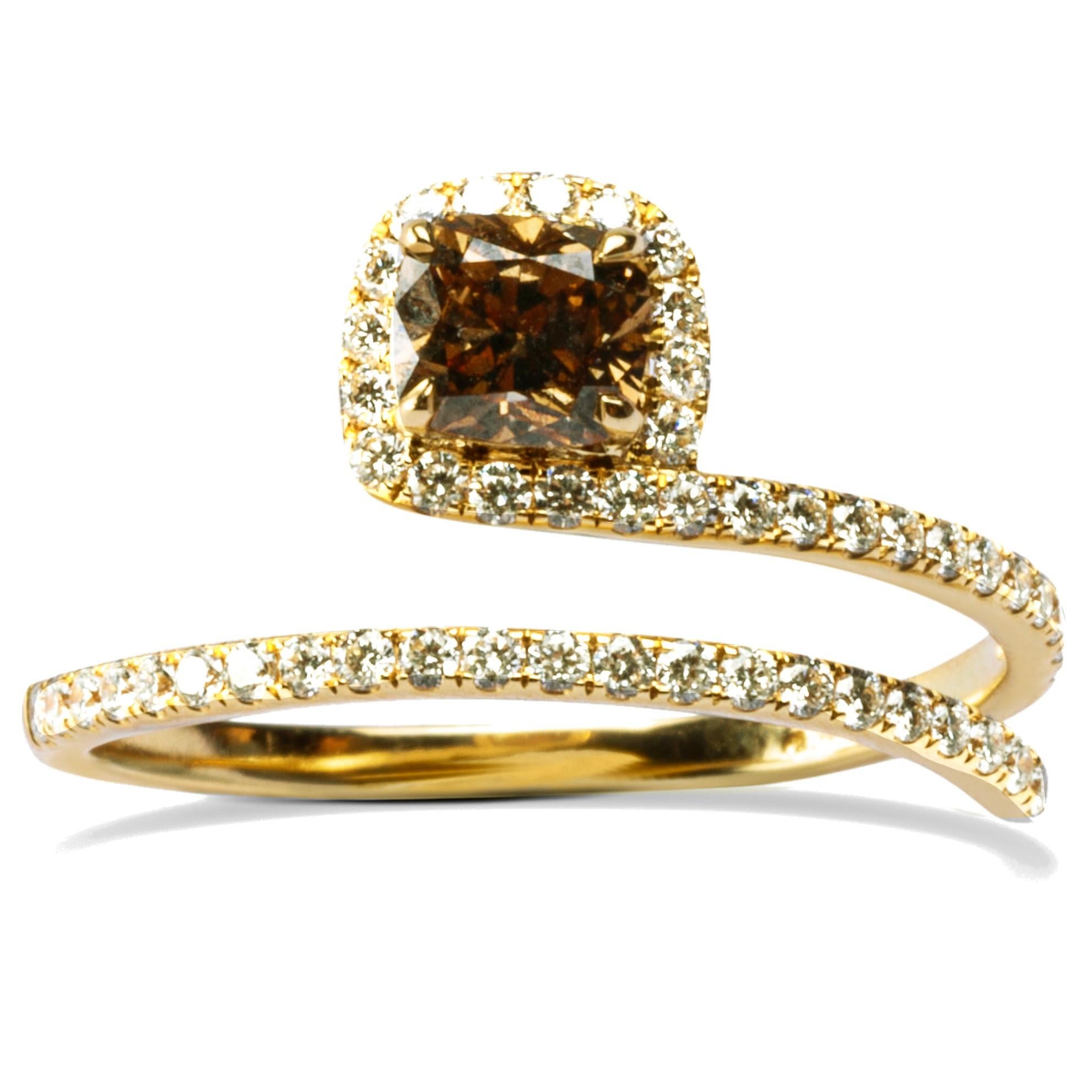 Cushion Cut Alex Jona Brown and White Diamond 18 Karat Yellow Gold Coil Halo Ring For Sale