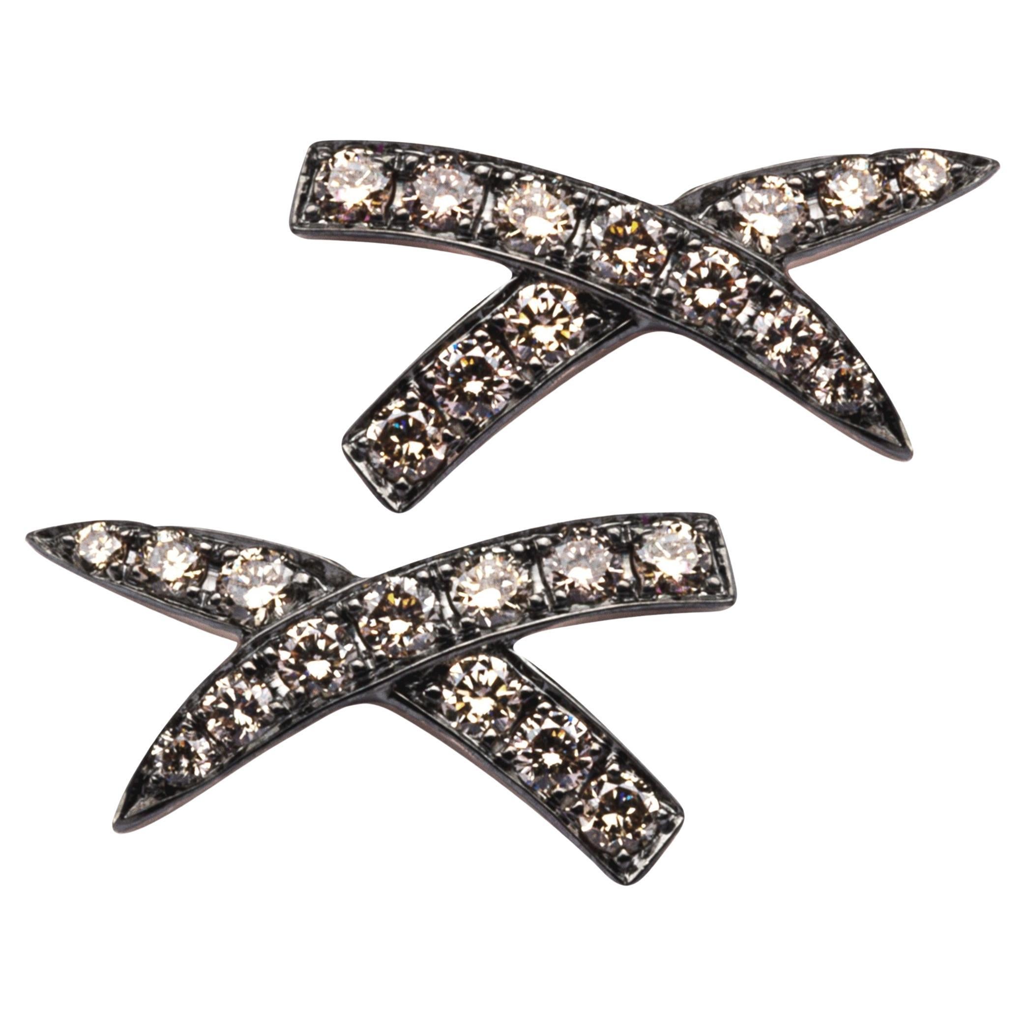 Alex Jona Brown Diamond Black Rhodium White Gold "X" Design Stud Earrings For Sale