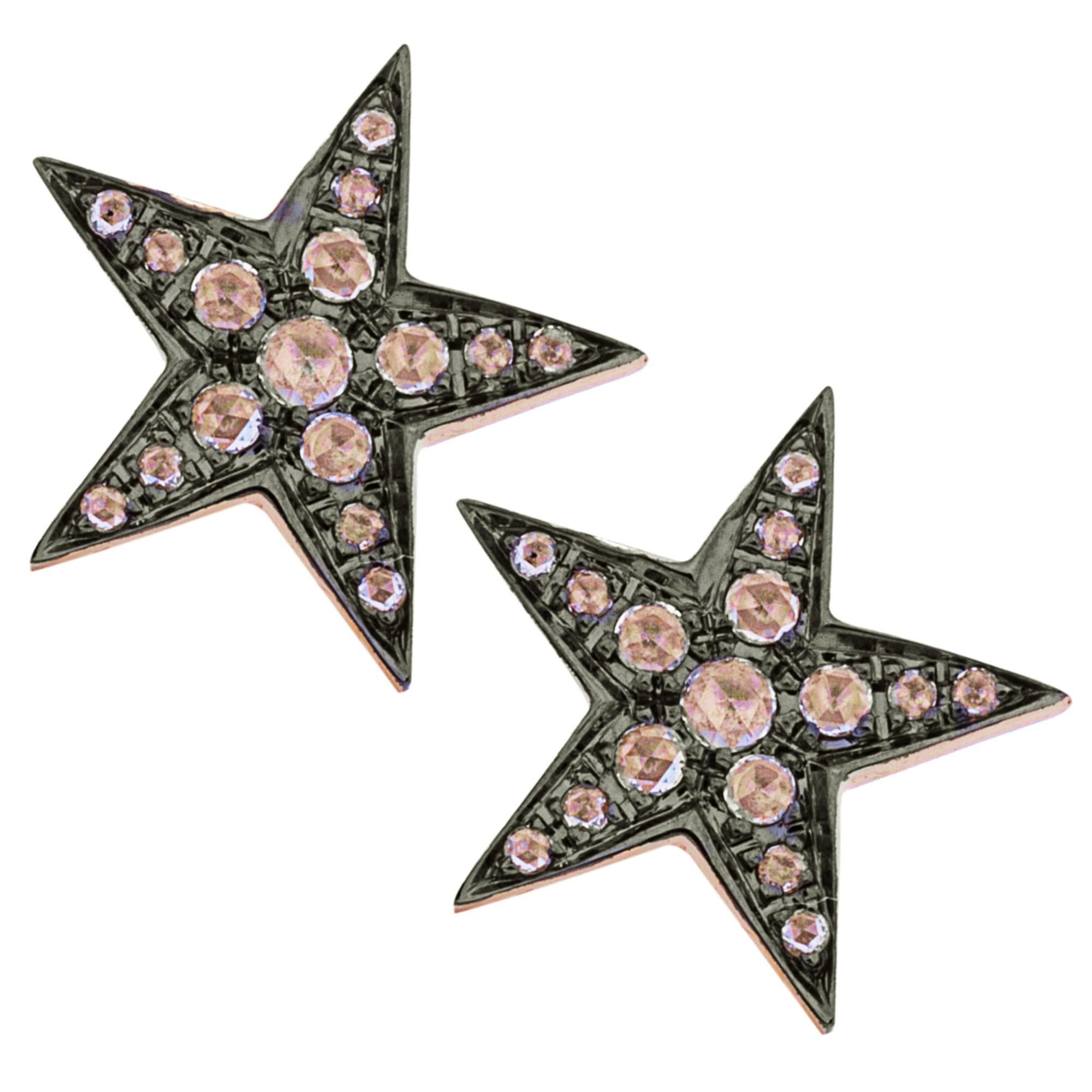 Alex Jona Brown Diamond Rose Cut 18 Karat Yellow Gold Star Earrings For Sale