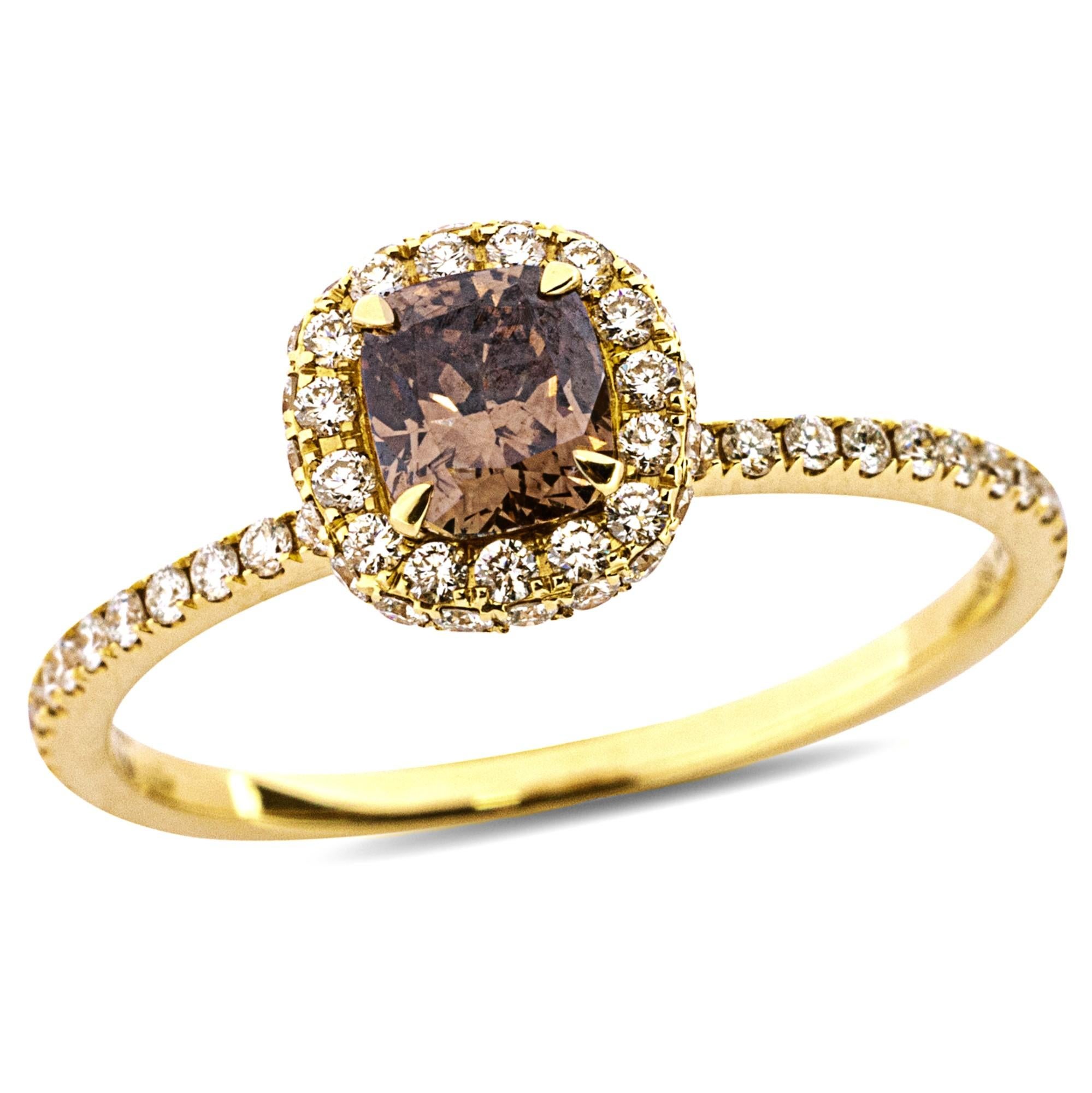 Brauner Diamant-Weißer Diamant- Solitär-Ring aus 18 Karat Gelbgold von Jona (Kissenschliff) im Angebot