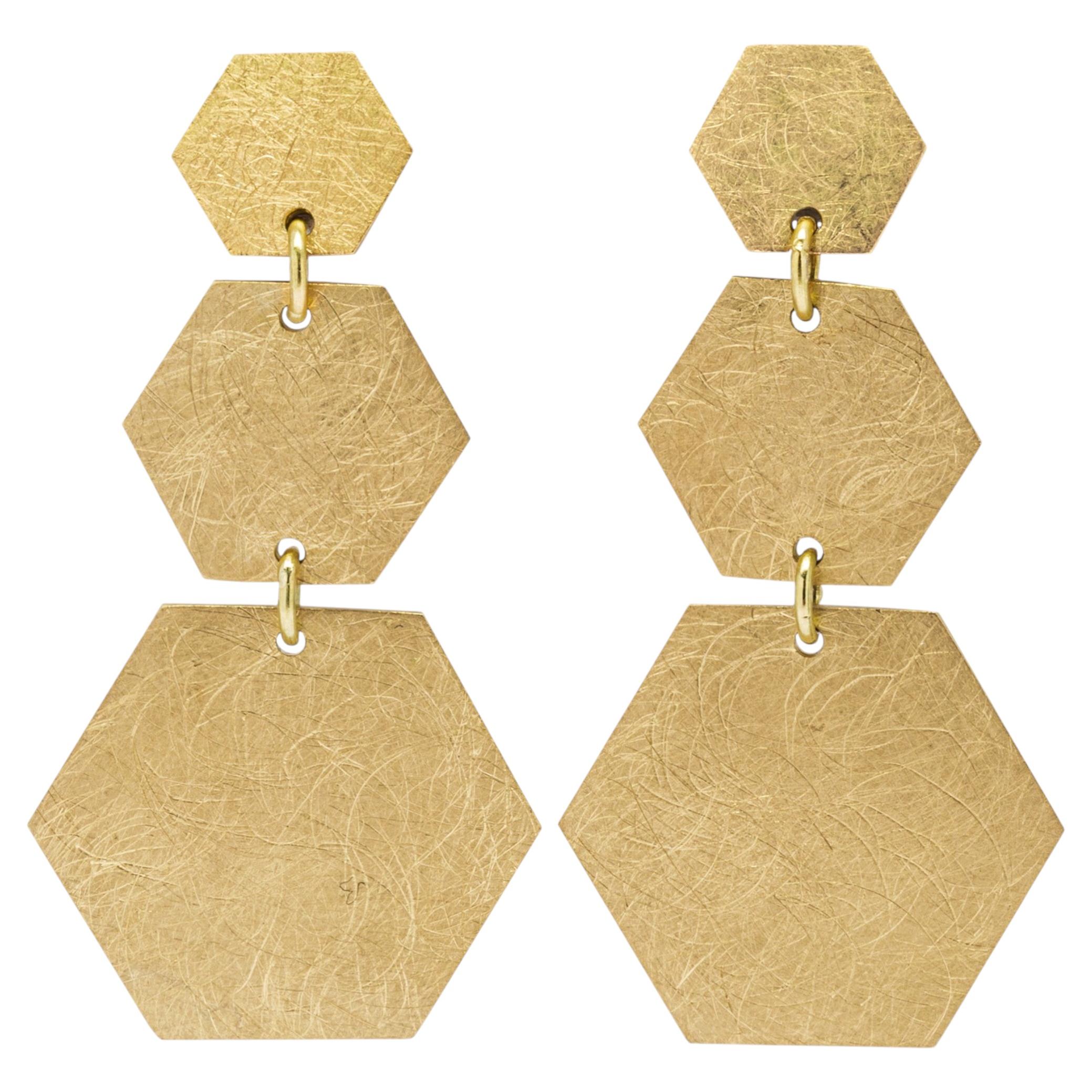 Alex Jona Brushed 18 Karat Yellow Gold Hexagonal Pendant Earrings For Sale