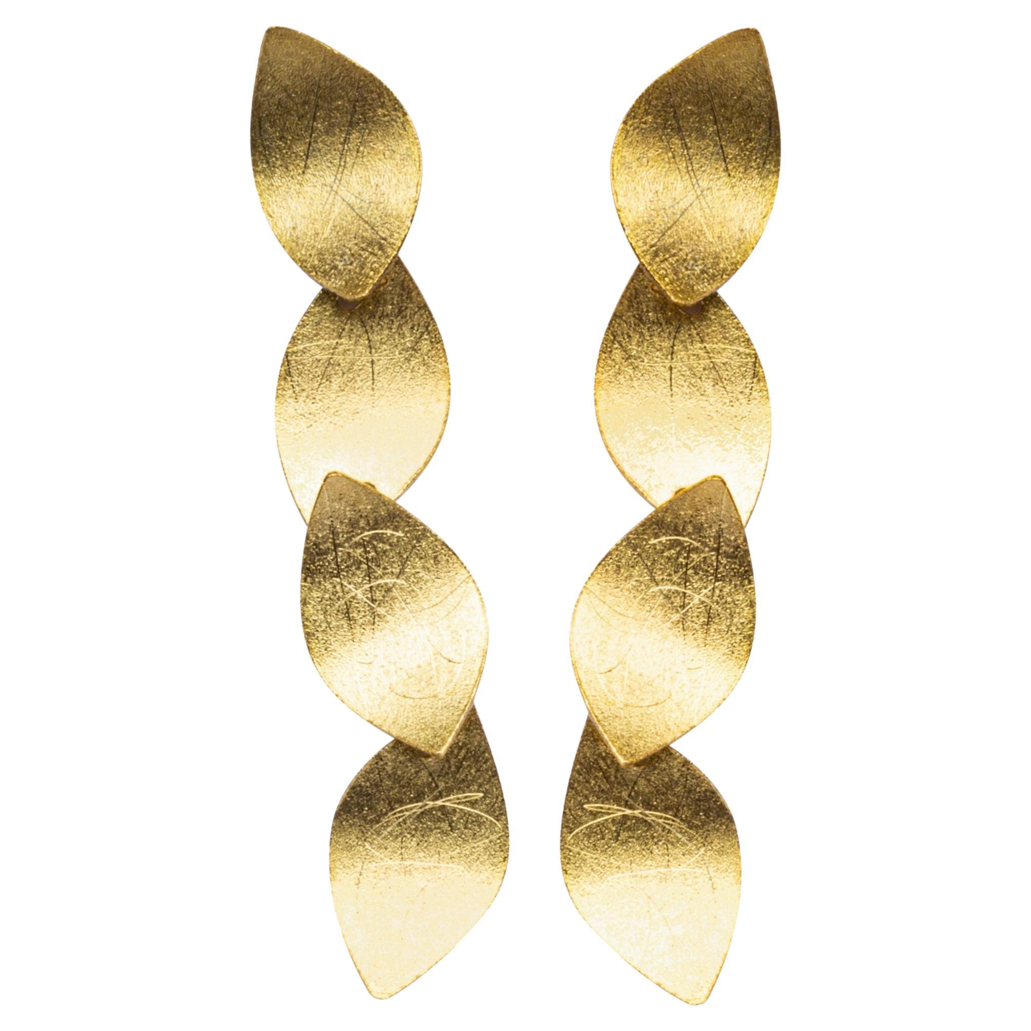 Alex Jona Brushed 18 Karat Yellow Gold Multiple Leaves Pendant Earrings For Sale