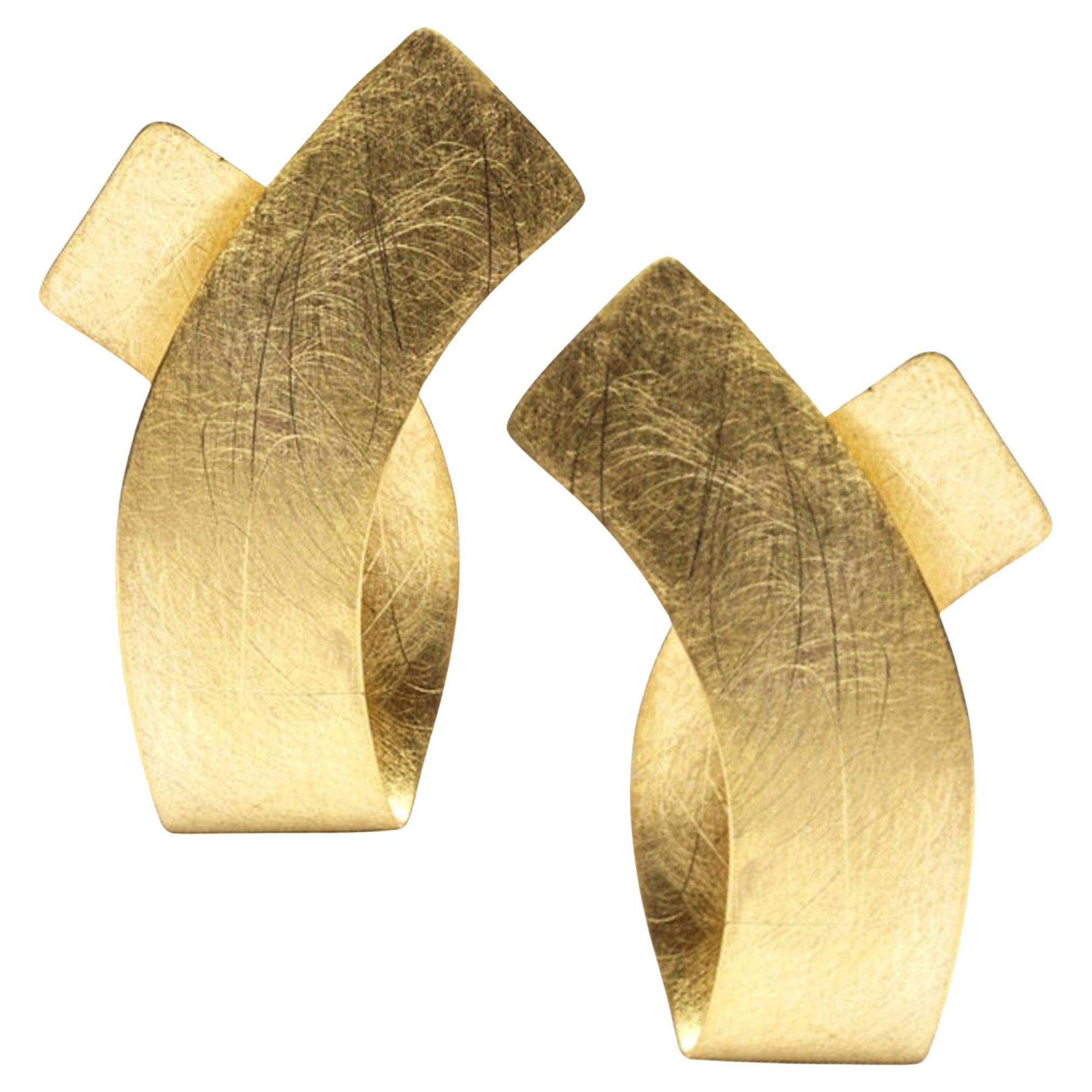 Alex Jona Brushed 18 Karat Yellow Gold Stud Earrings For Sale
