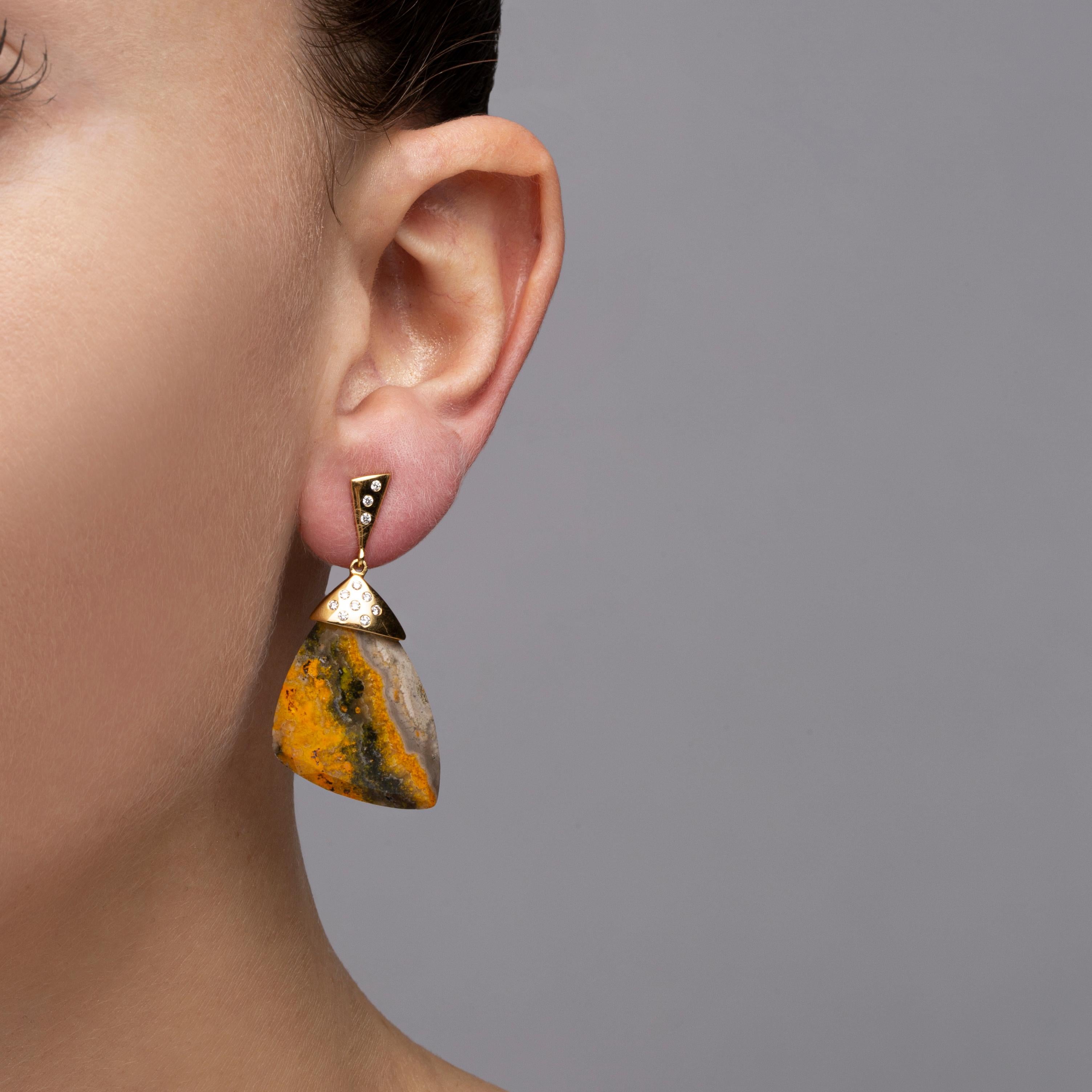 Alex Jona design collection, hand crafted in Italy, Bumblebee Jasper and 18 karat yellow gold dangling ear pendants set with 0.28 carats of white diamonds.

Alex Jona jewels stand out, not only for their special design and for the excellent quality