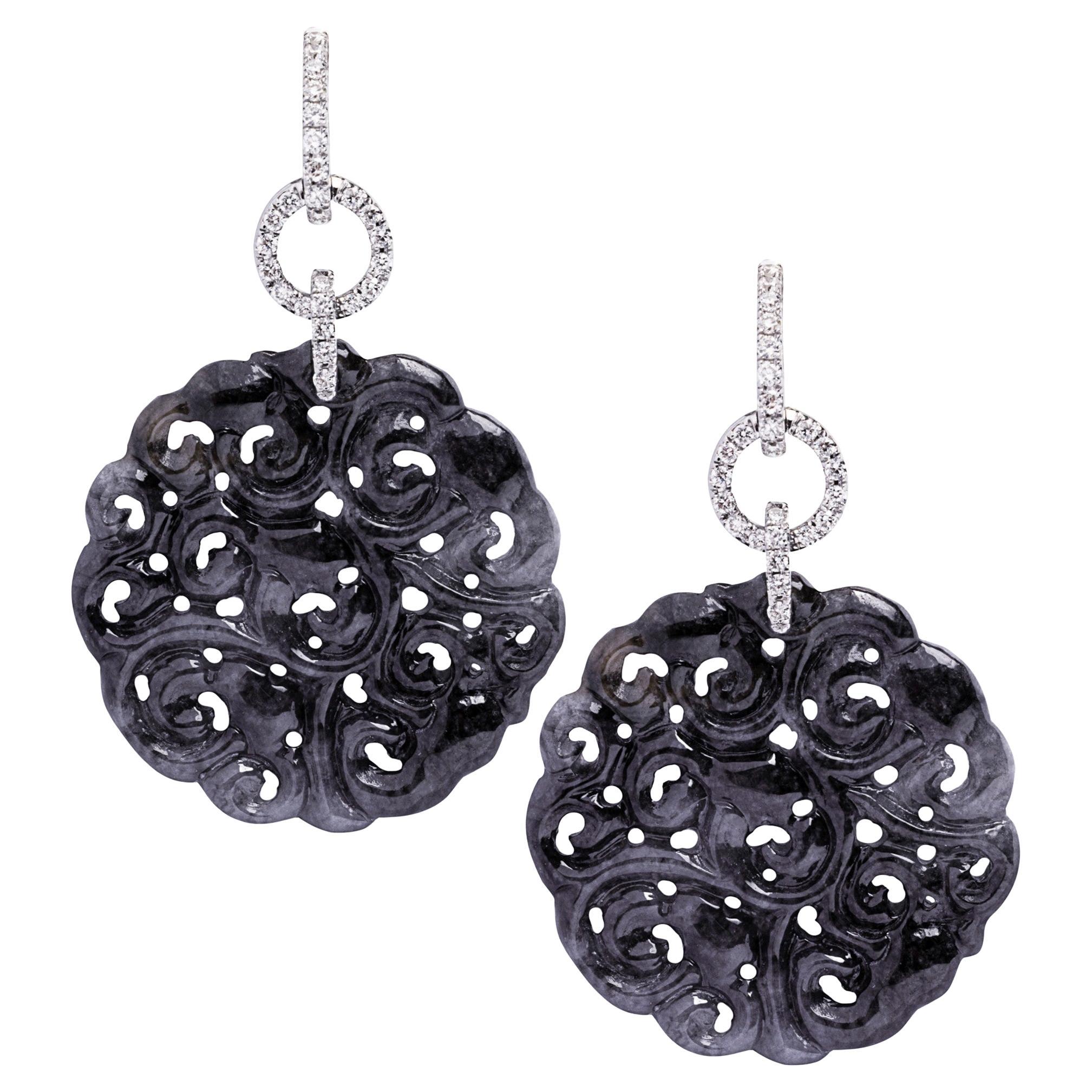 Alex Jona, boucles d'oreilles en goutte en or blanc 18 carats avec jade noir et diamants blancs de Birmanie