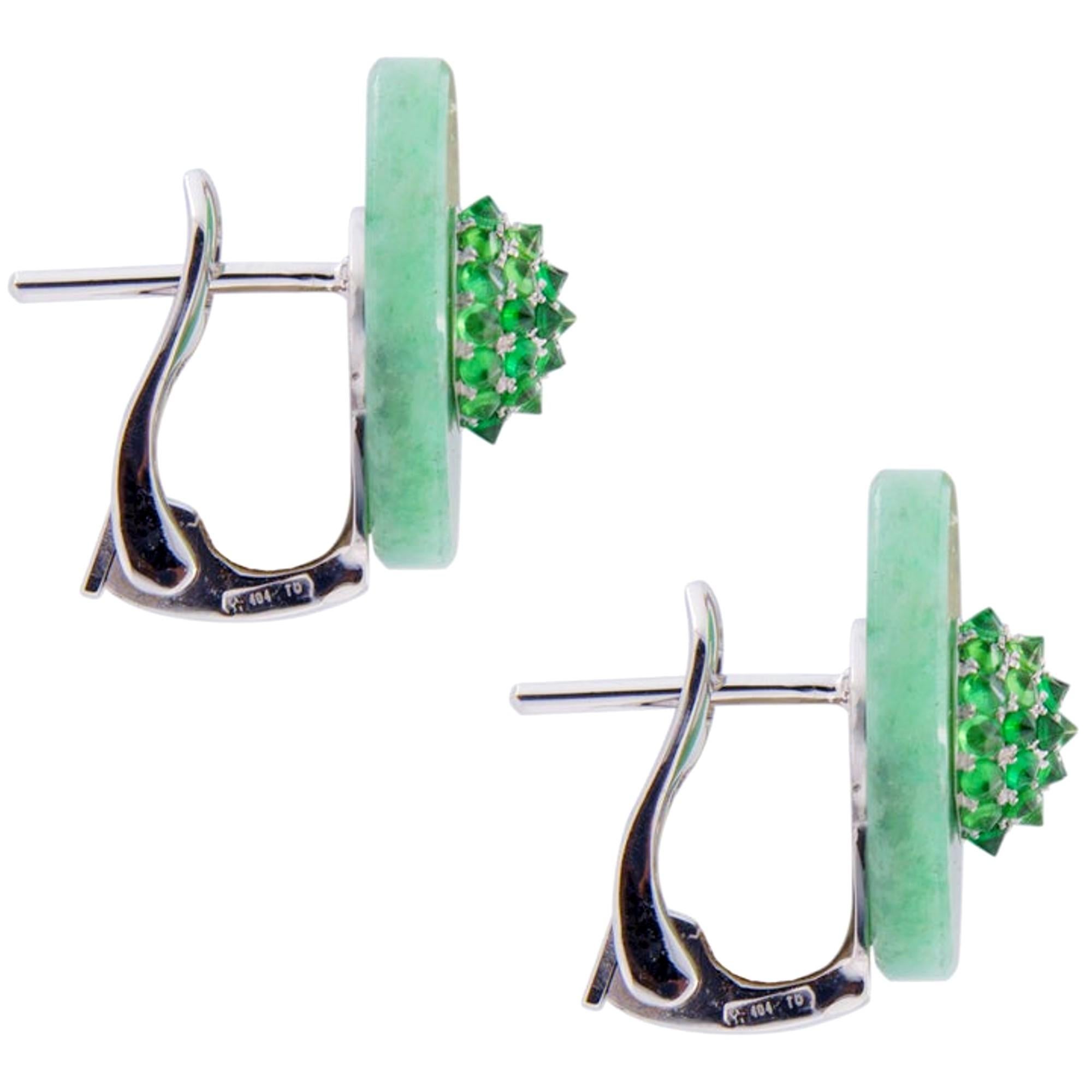 Round Cut Alex Jona Burmese Jadeite Jade Tsavorite 18 Karat White Gold Clip-On Earrings For Sale