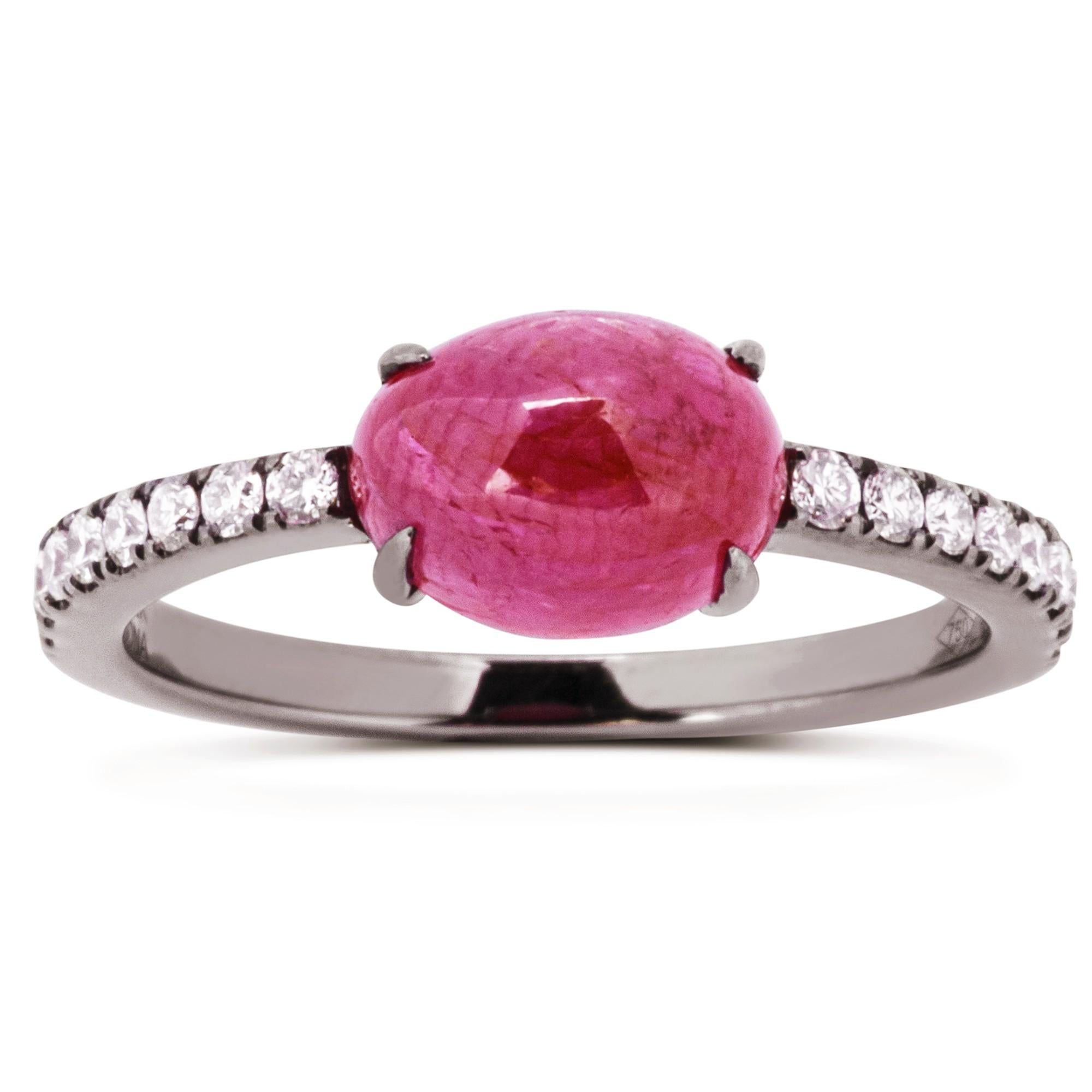 Round Cut Alex Jona Cabochon Ruby White Diamond 18 Karat White Gold Ring For Sale
