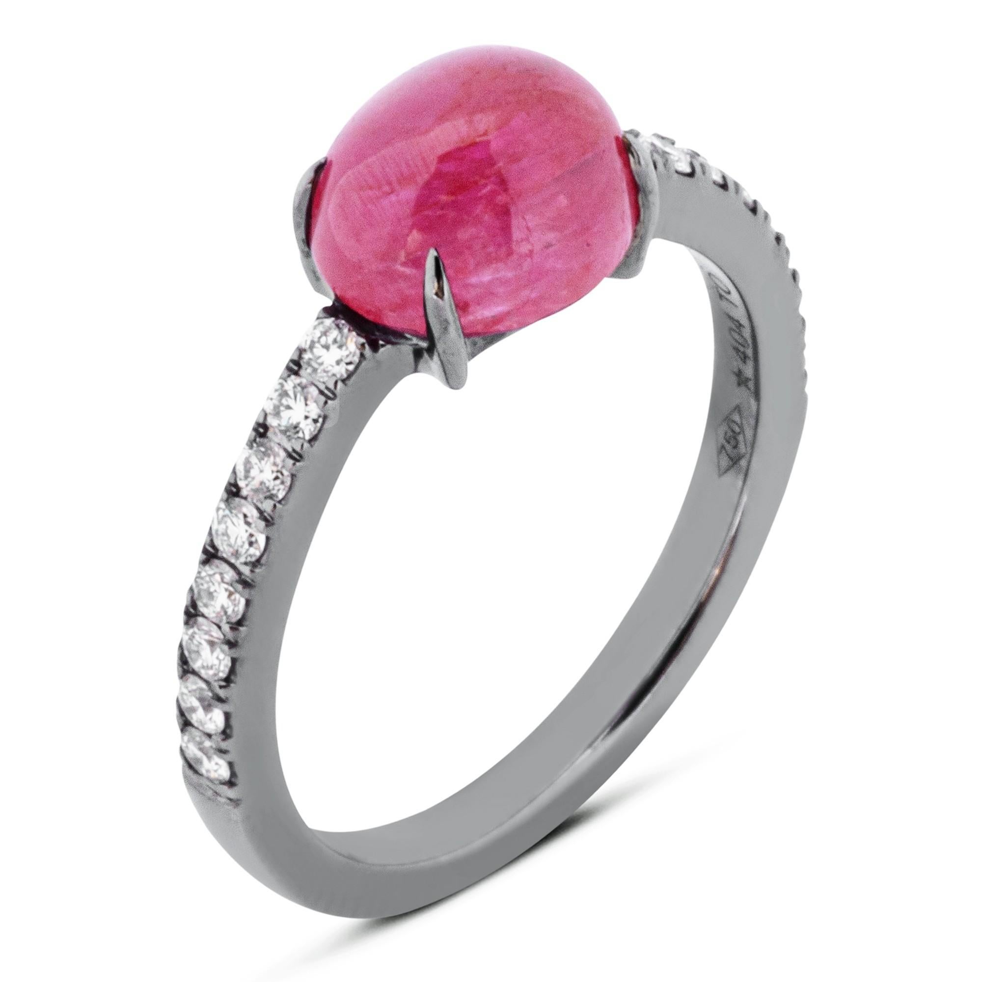 Alex Jona Cabochon Ruby White Diamond 18 Karat White Gold Ring In New Condition For Sale In Torino, IT