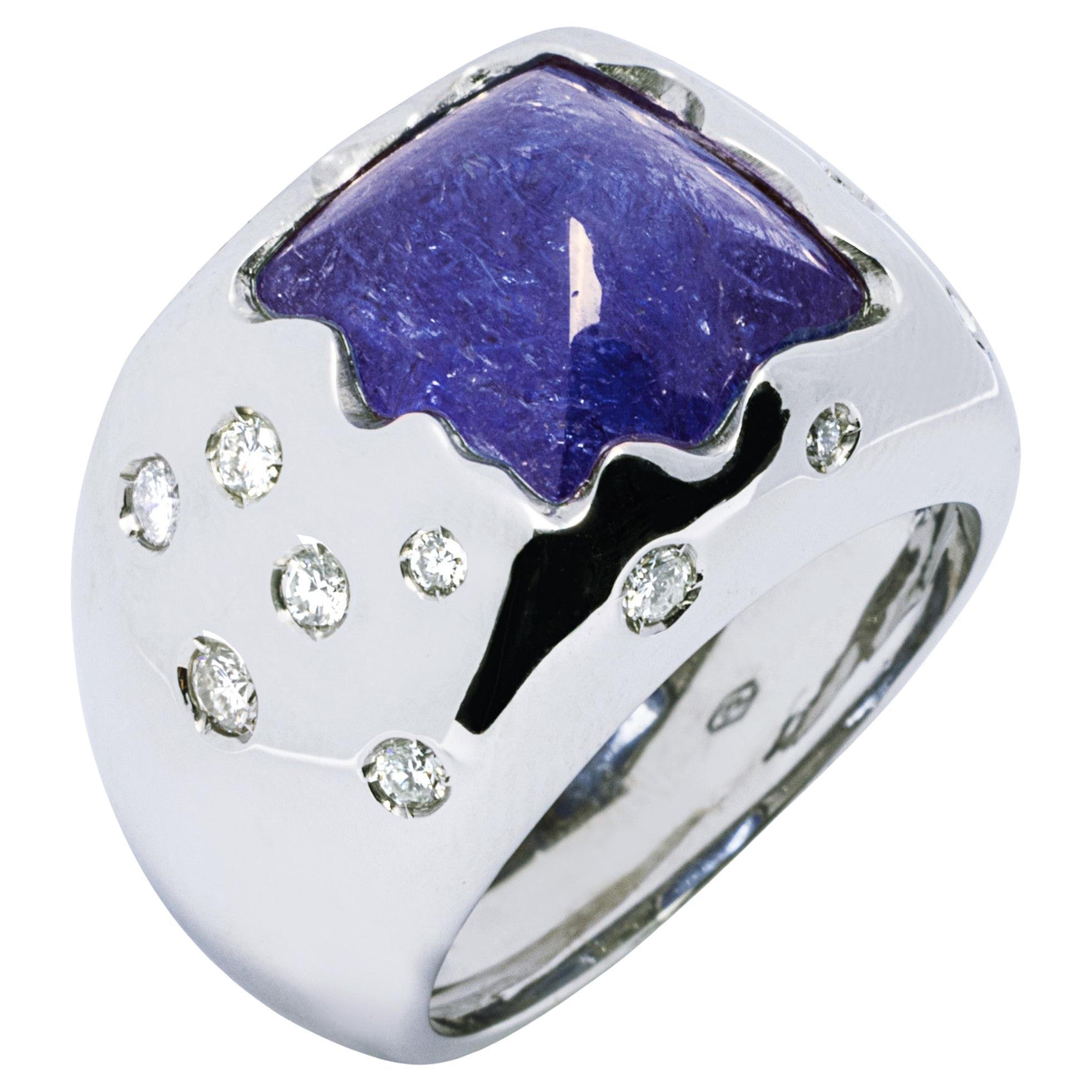 Alex Jona Cabochon Tanzanite White Diamond 18 Karat White Gold Ring