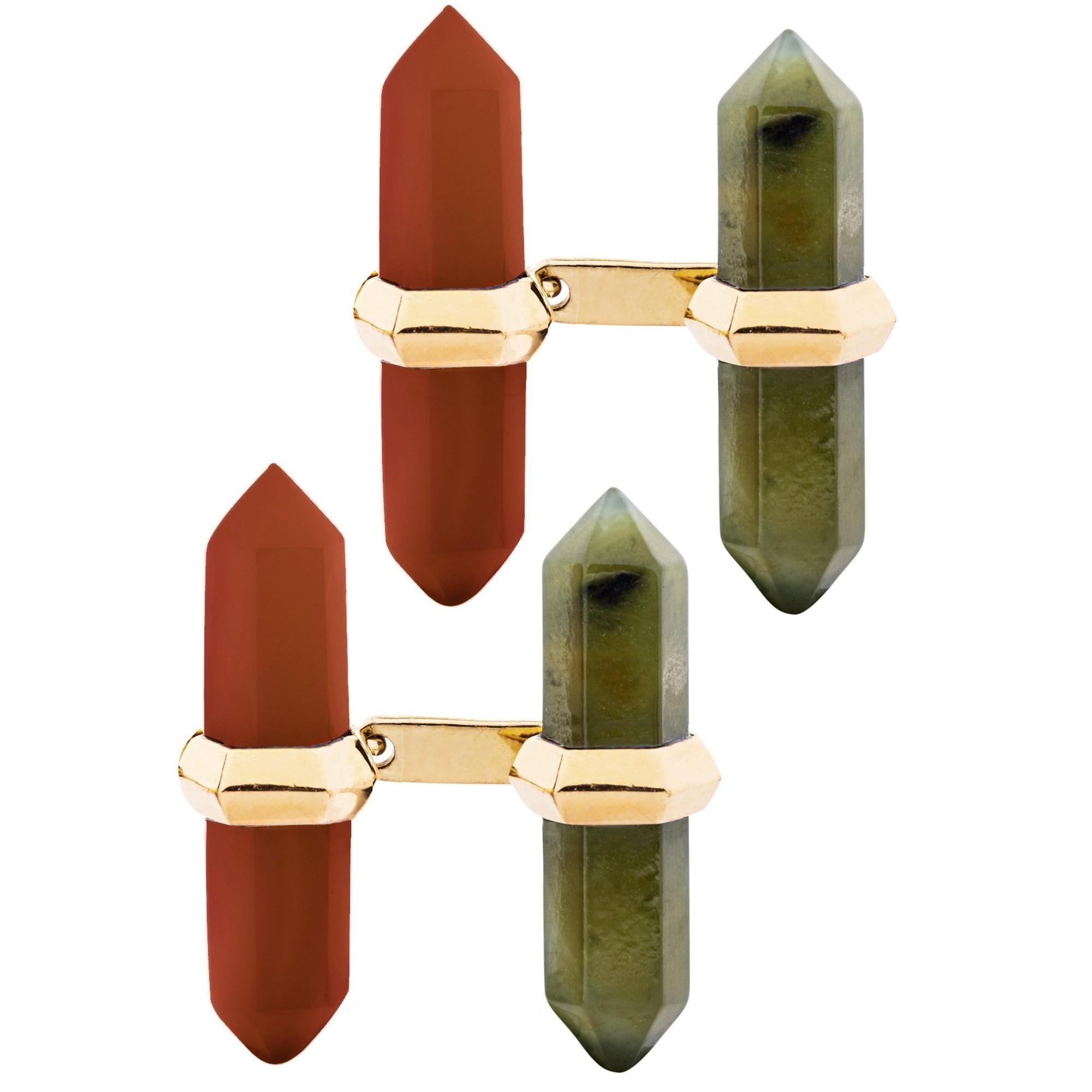 Alex Jona Carnelian Moss Agate Yellow Gold Prism Bar Cufflinks