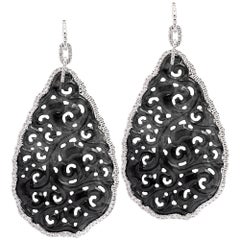 Alex Jona Carved Black Jade White Diamond 18 Karat White Gold Pendant Earrings