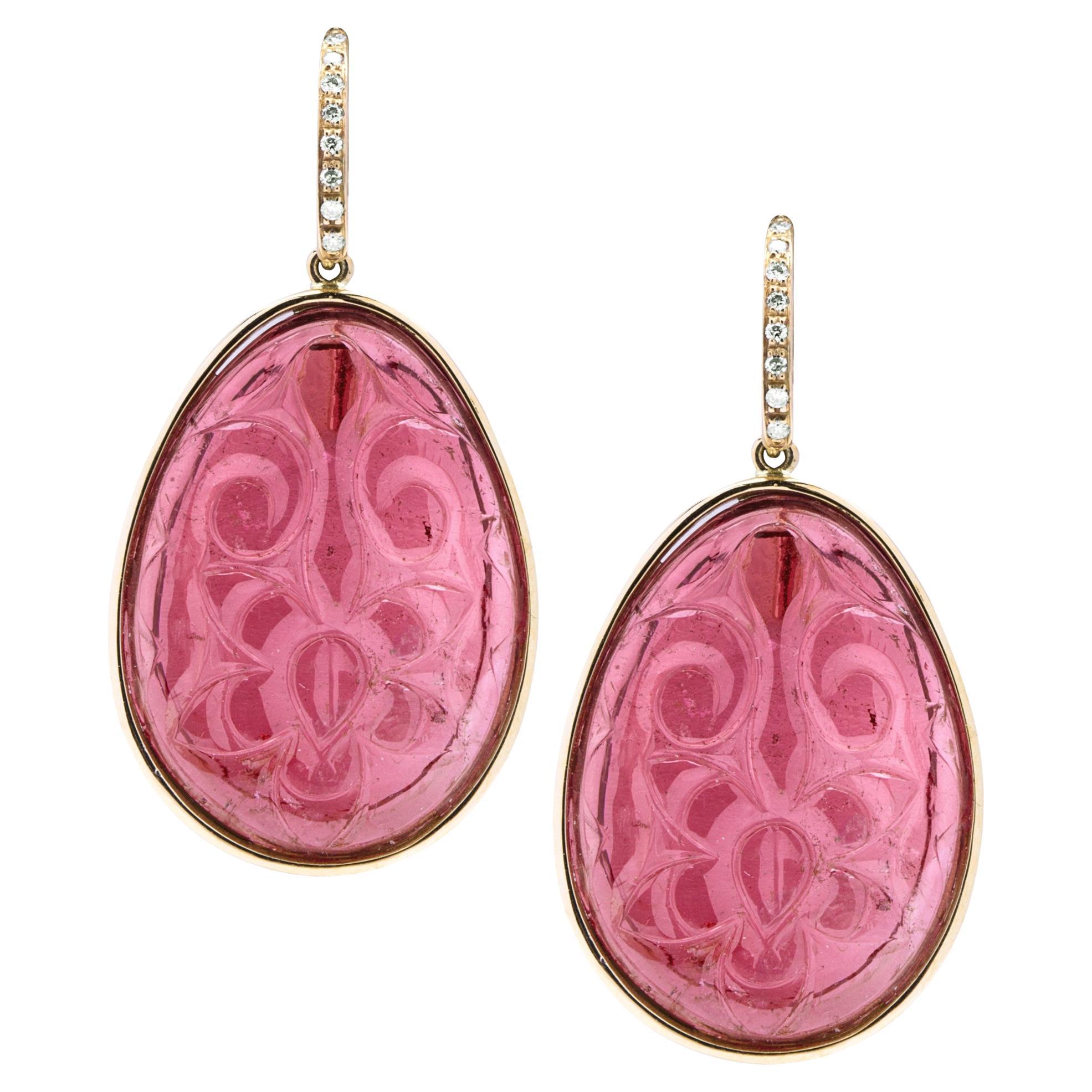 Alex Jona Carved Rubelite White Diamond 18 Karat Rose Gold Drop Earrings