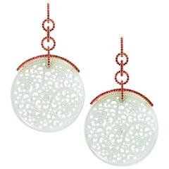 Alex Jona Carved White Jade Orange Sapphire 18 Karat Yellow Gold Dangle Earrings