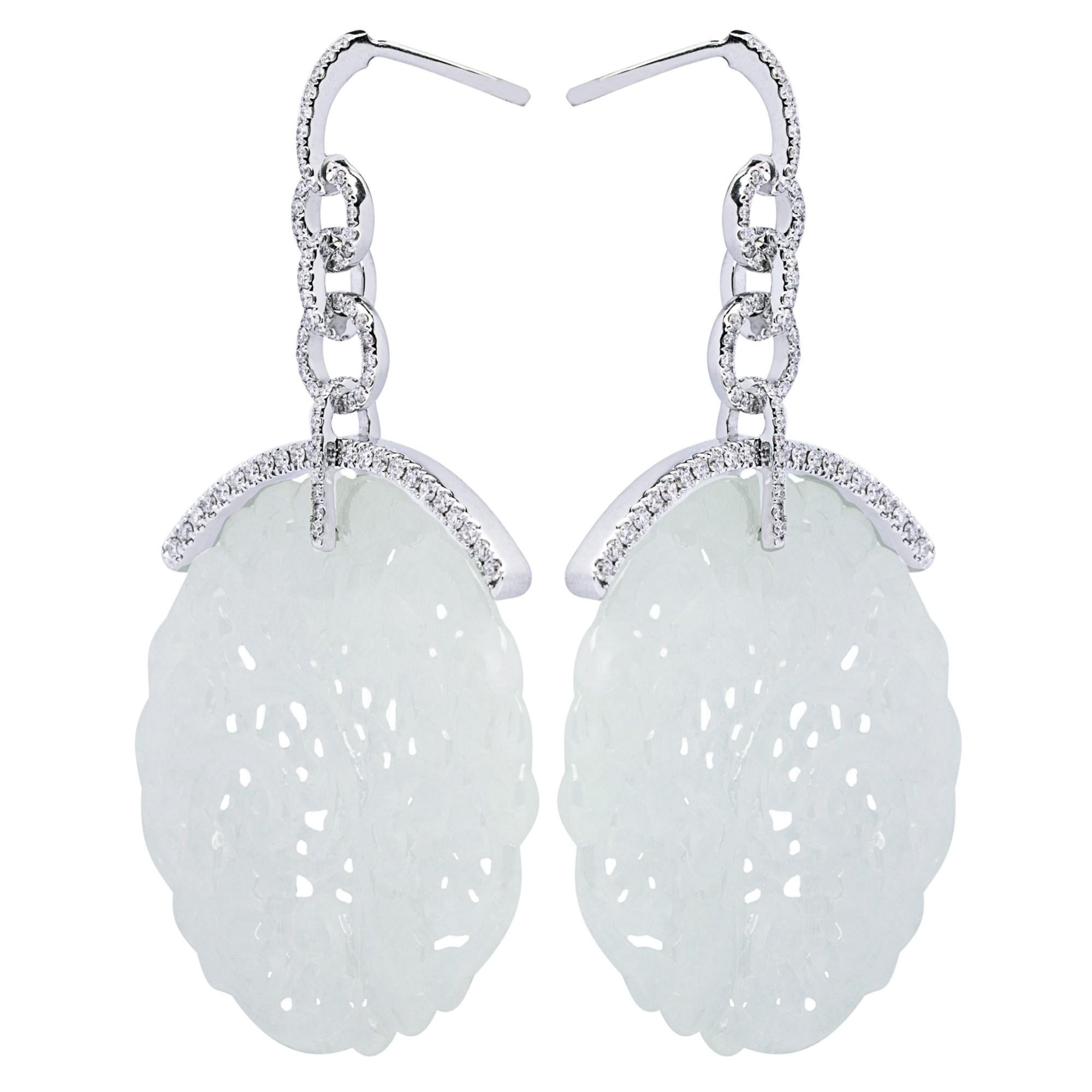 Contemporary Alex Jona Carved White Jade White Diamond 18 Karat White Gold Dangle Earrings For Sale