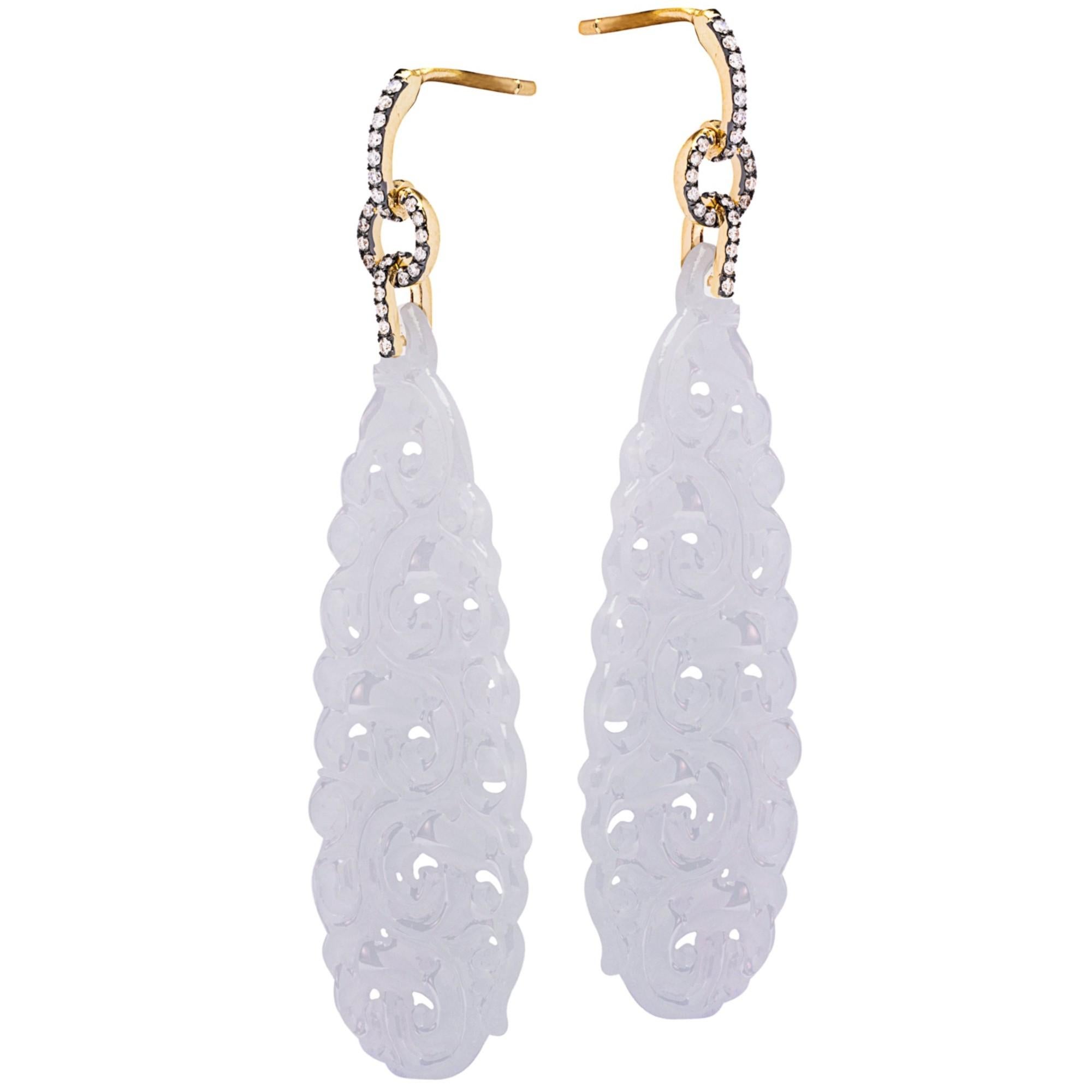 Contemporary Alex Jona Carved White Jade White Diamond 18 Karat White Gold Drop Earrings For Sale
