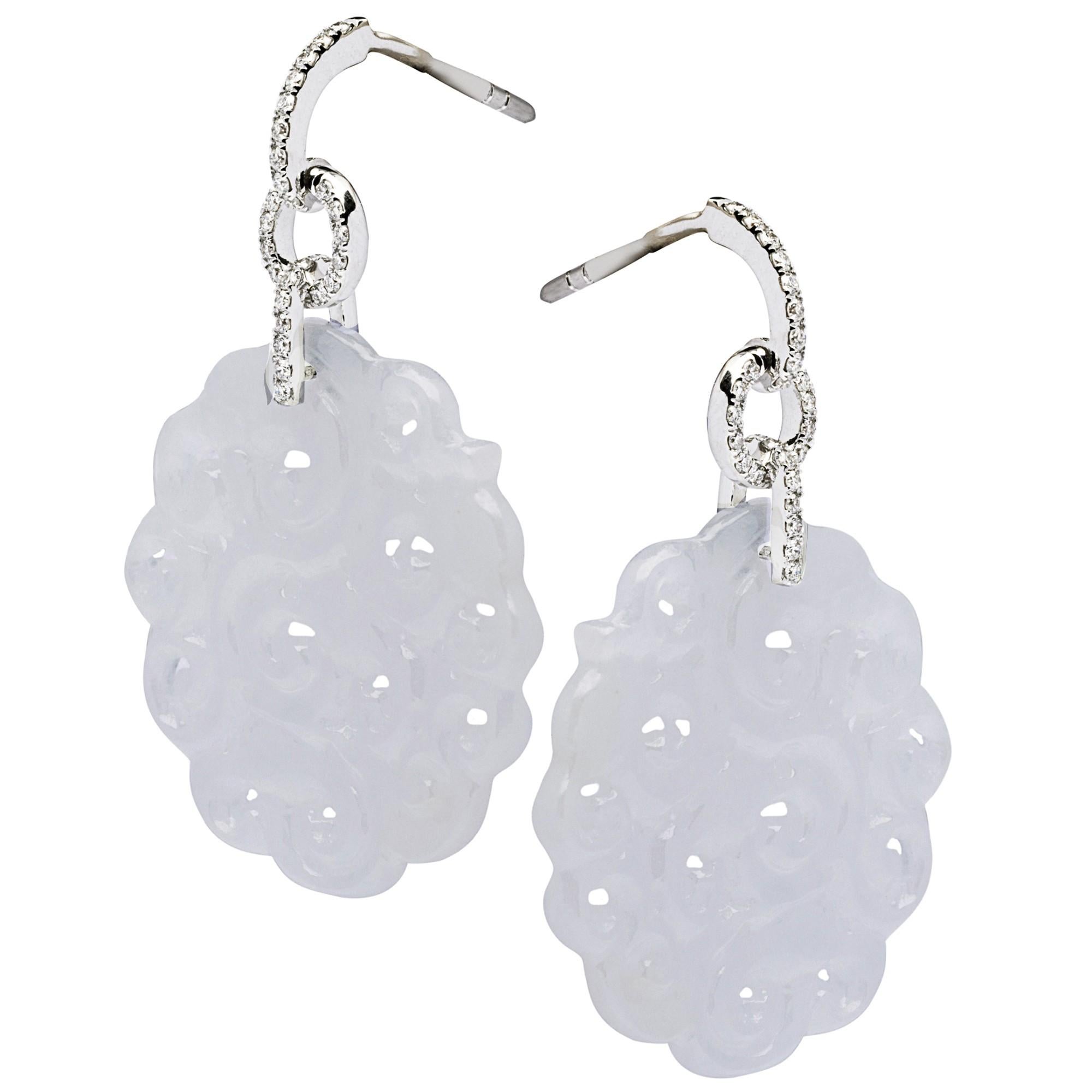 Contemporary Alex Jona Carved White Jade White Diamond 18 Karat White Gold Pendant Earrings For Sale