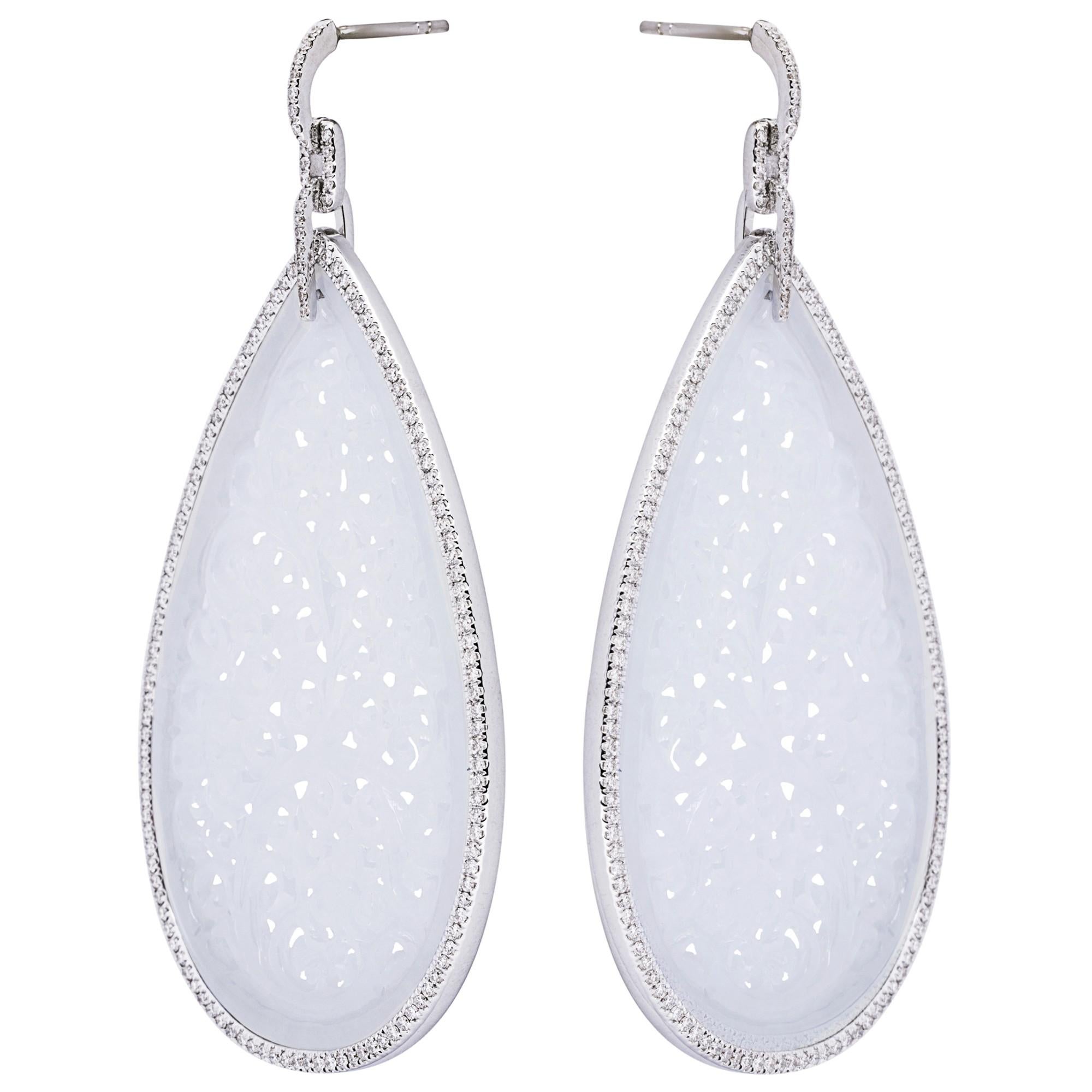 Contemporary Alex Jona Carved White Jade White Diamond White Gold Dangle Earrings For Sale