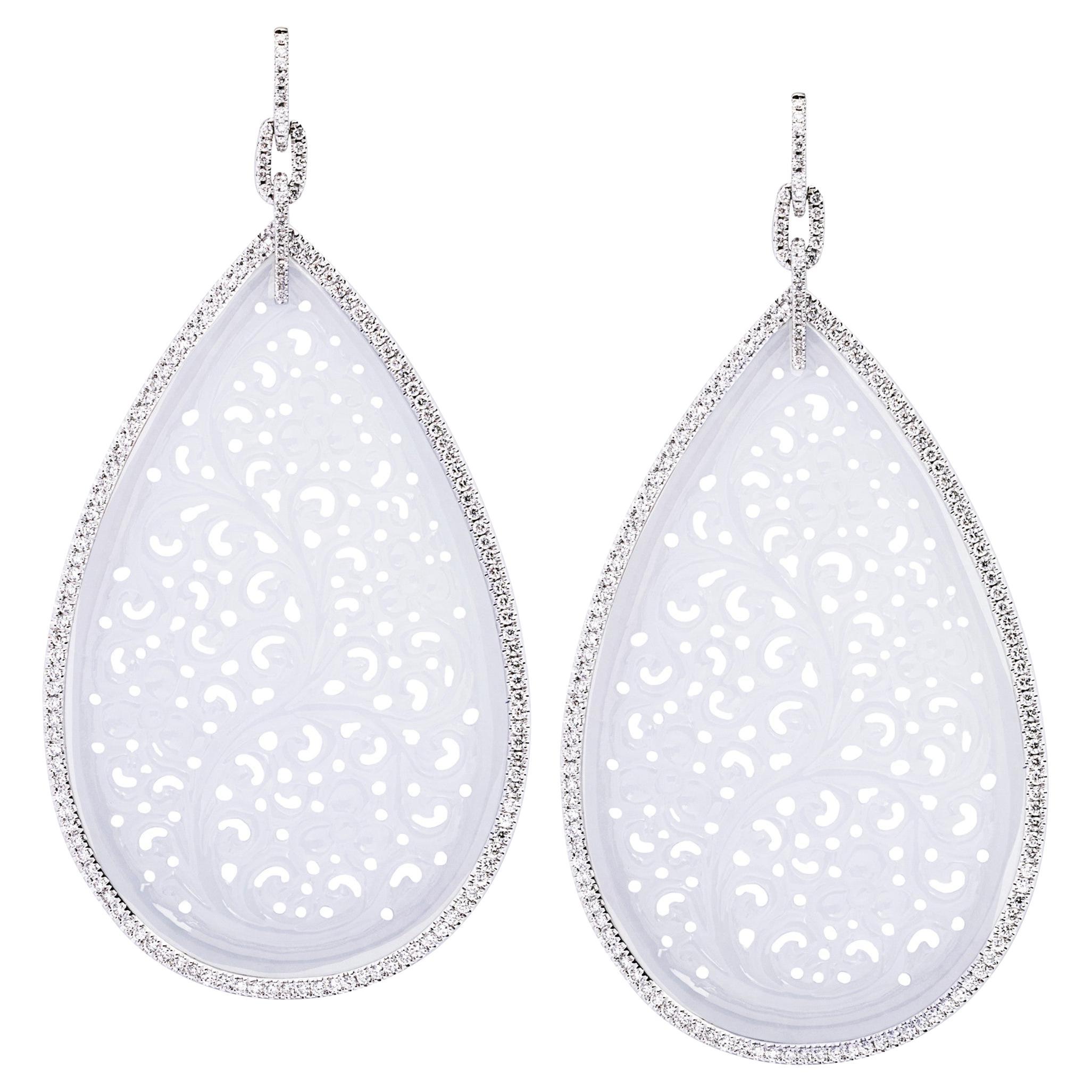 Alex Jona Carved White Jade White Diamond White Gold Dangle Earrings For Sale