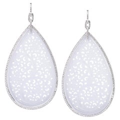 Alex Jona Carved White Jade White Diamond White Gold Dangle Earrings