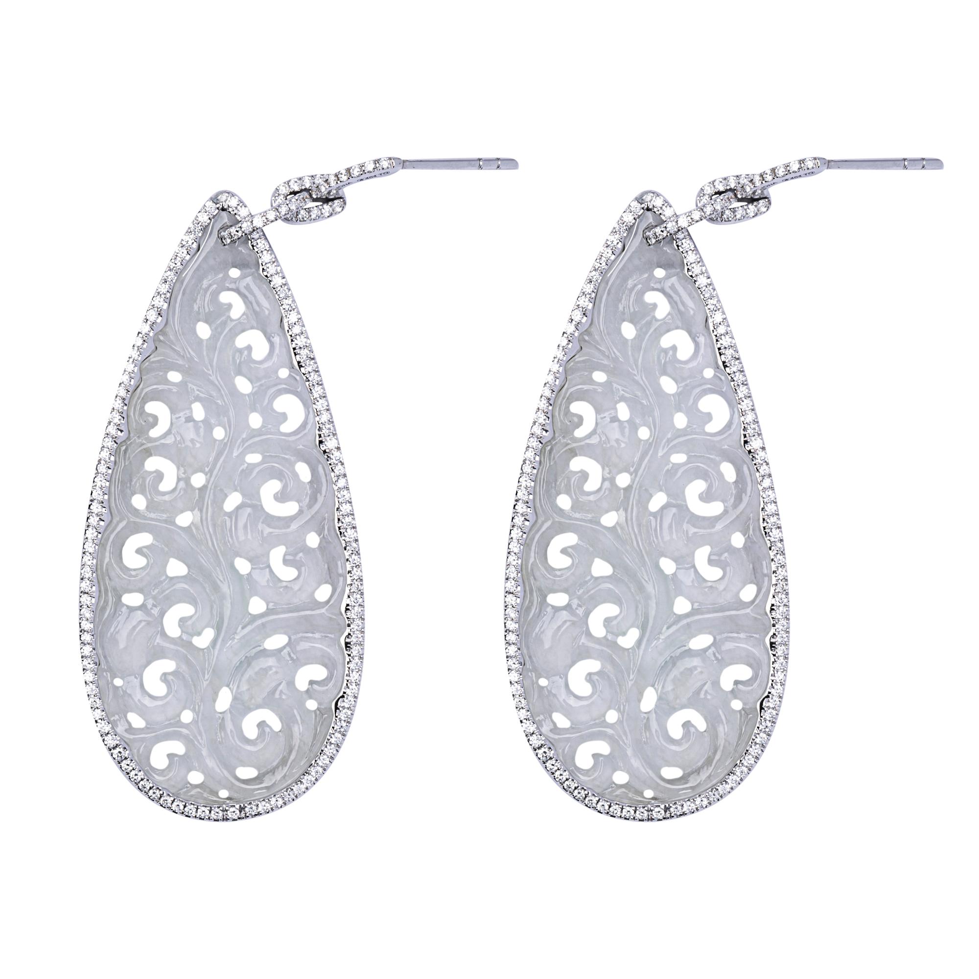 Contemporary Alex Jona Carved White Jade White Diamond White Gold Pendant Earrings For Sale