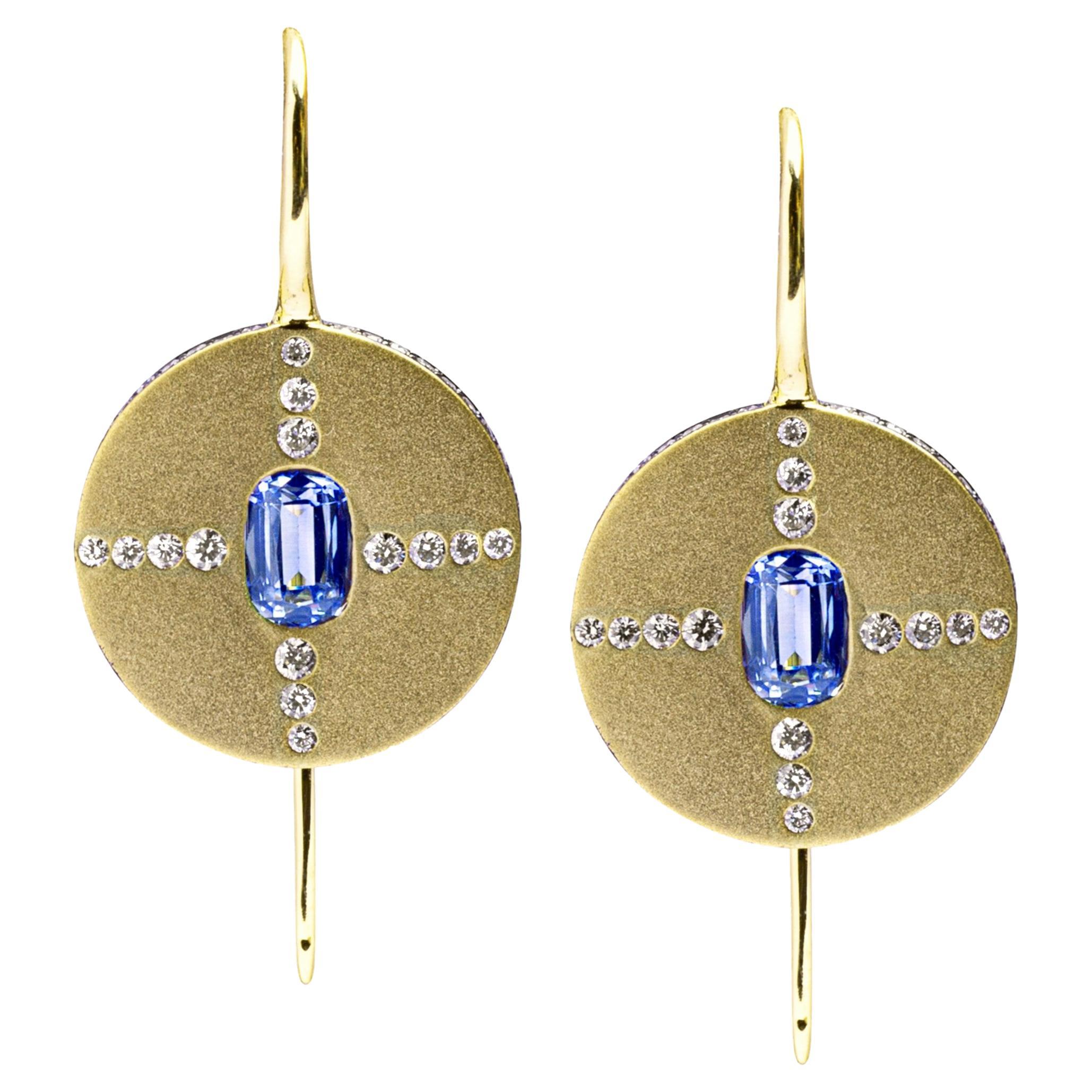 Alex Jona Ceylon Blue Sapphire White Diamond 18 Karat Yellow Gold Earrings