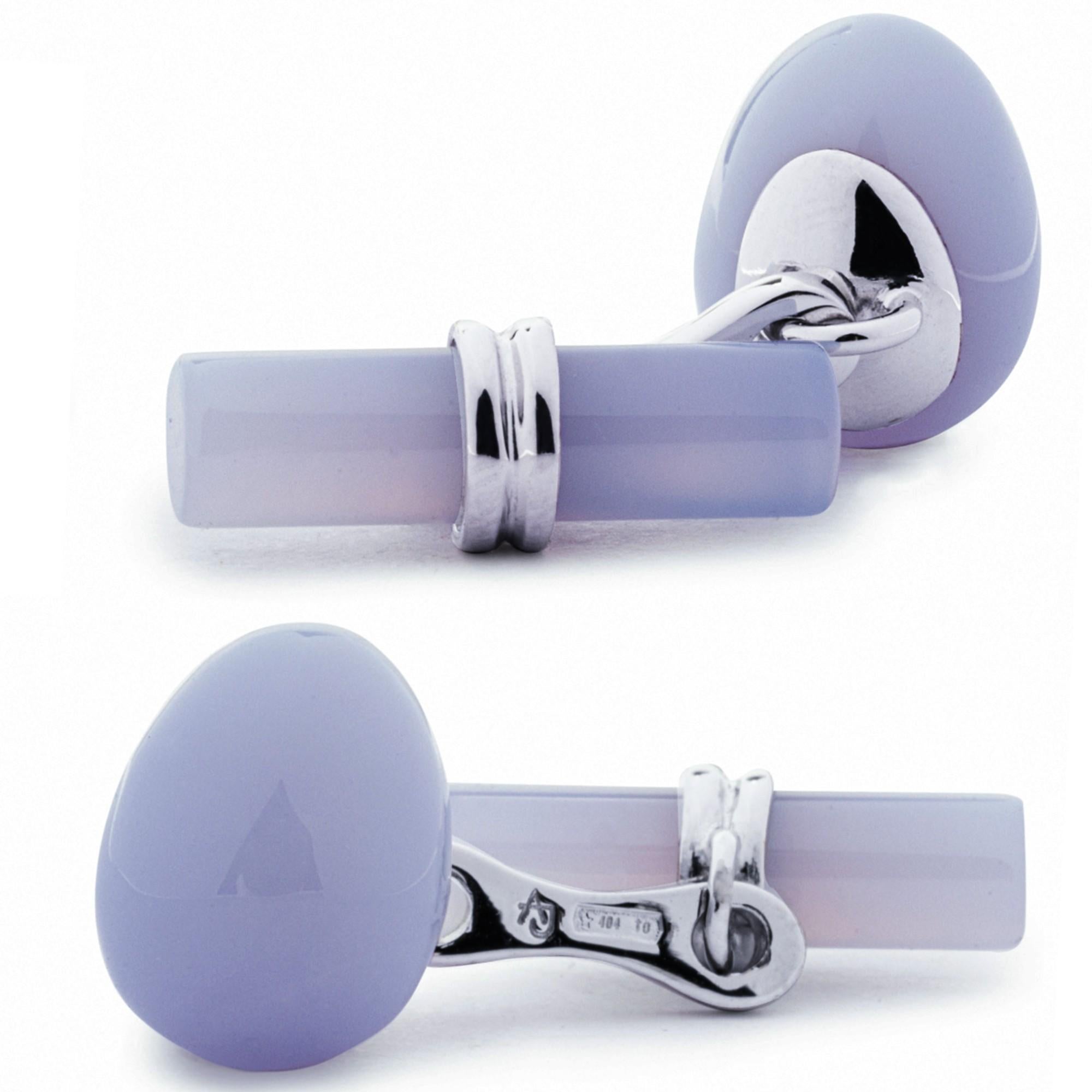 Mixed Cut Alex Jona Chalcedony Egg Cylinder Sterling Silver Cufflinks For Sale