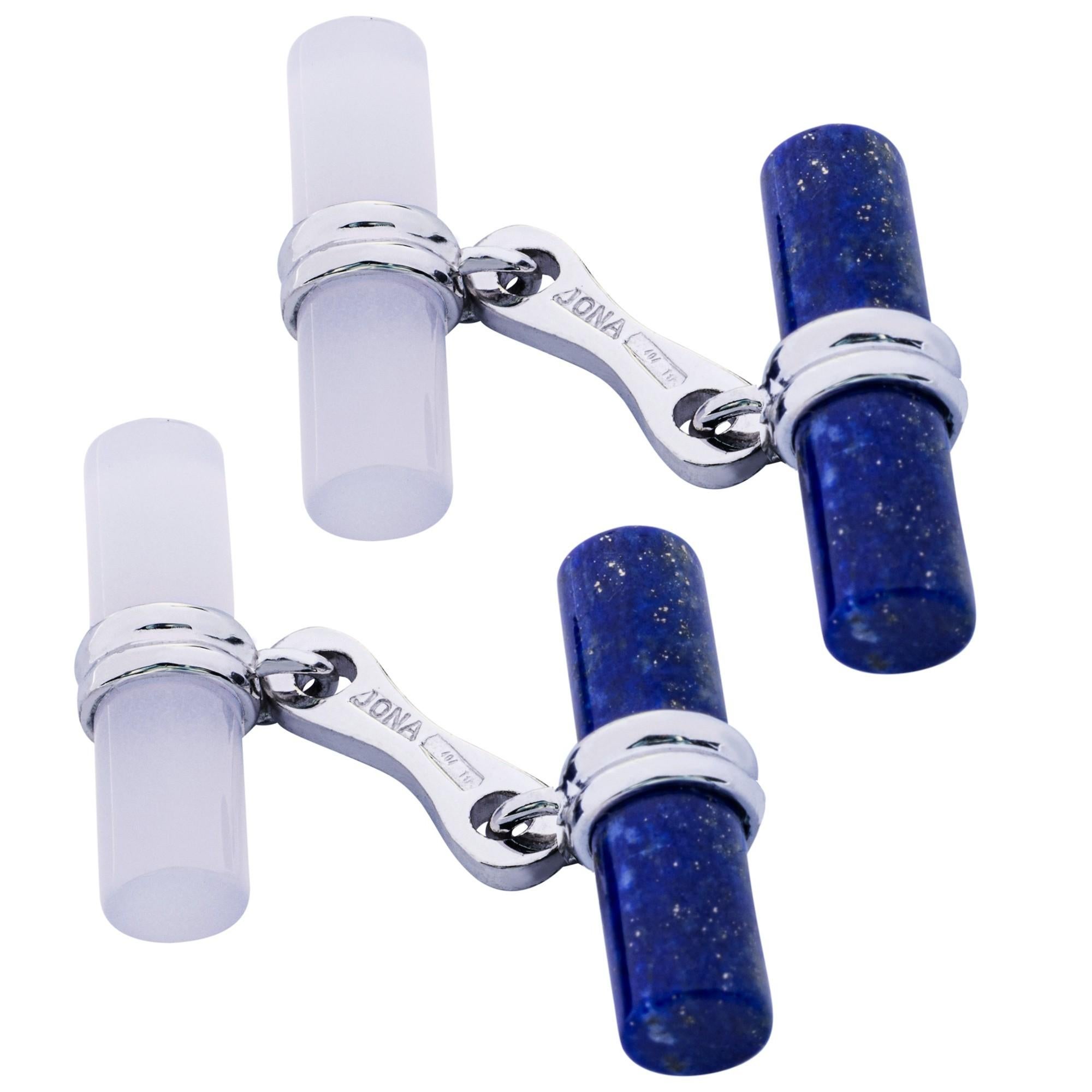 Baguette Cut Alex Jona Chalcedony Lapis Lazuli Sterling Silver Cylindrical Cufflinks For Sale