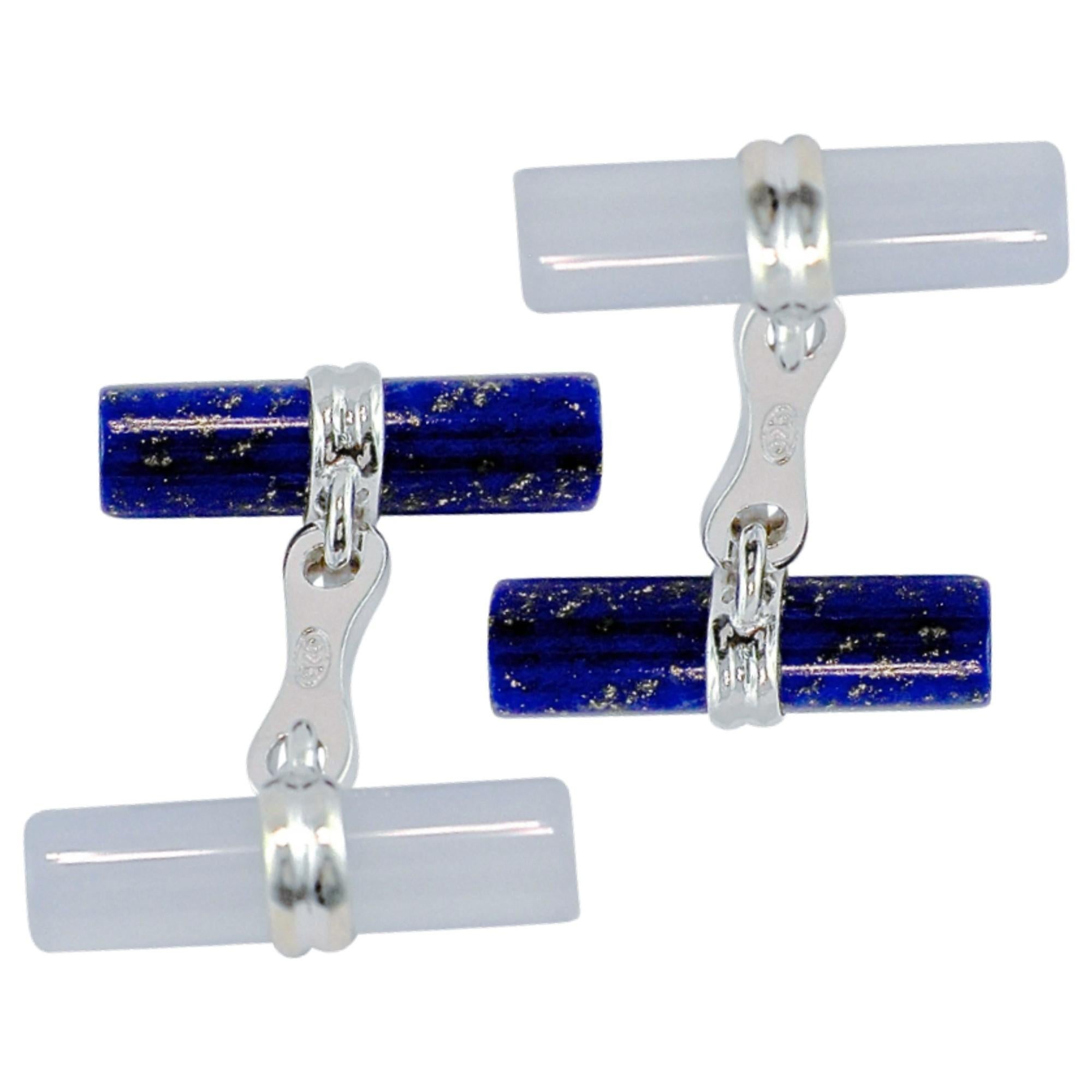 Baguette Cut Alex Jona Chalcedony Lapis Lazuli Sterling Silver Cylinder Cufflinks For Sale