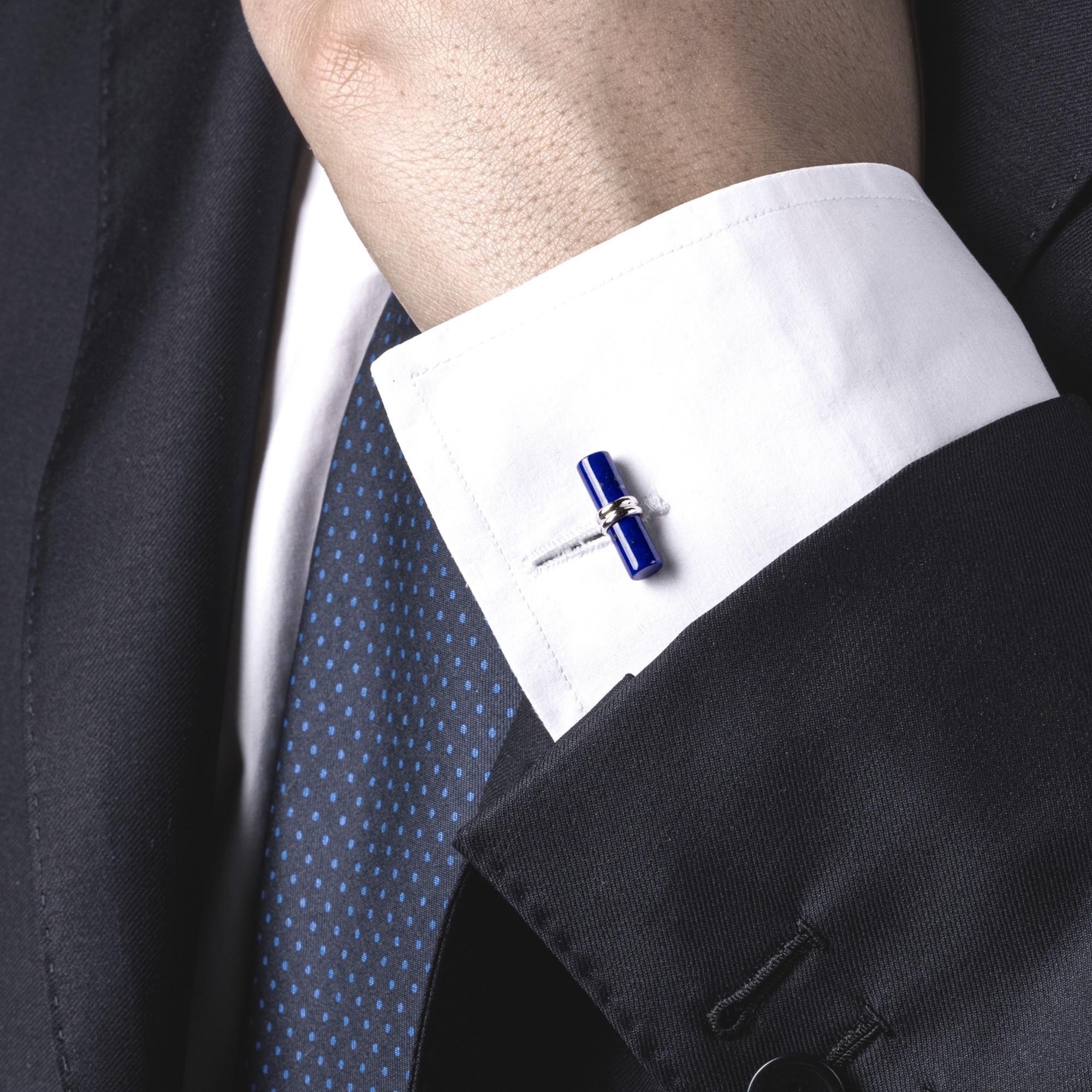Alex Jona design collection, hand crafted in Italy, lapis lazuli & chalcedony cylinder cufflinks, mounted in 925/°°° sterling silver Rhodium Plated. Marked 