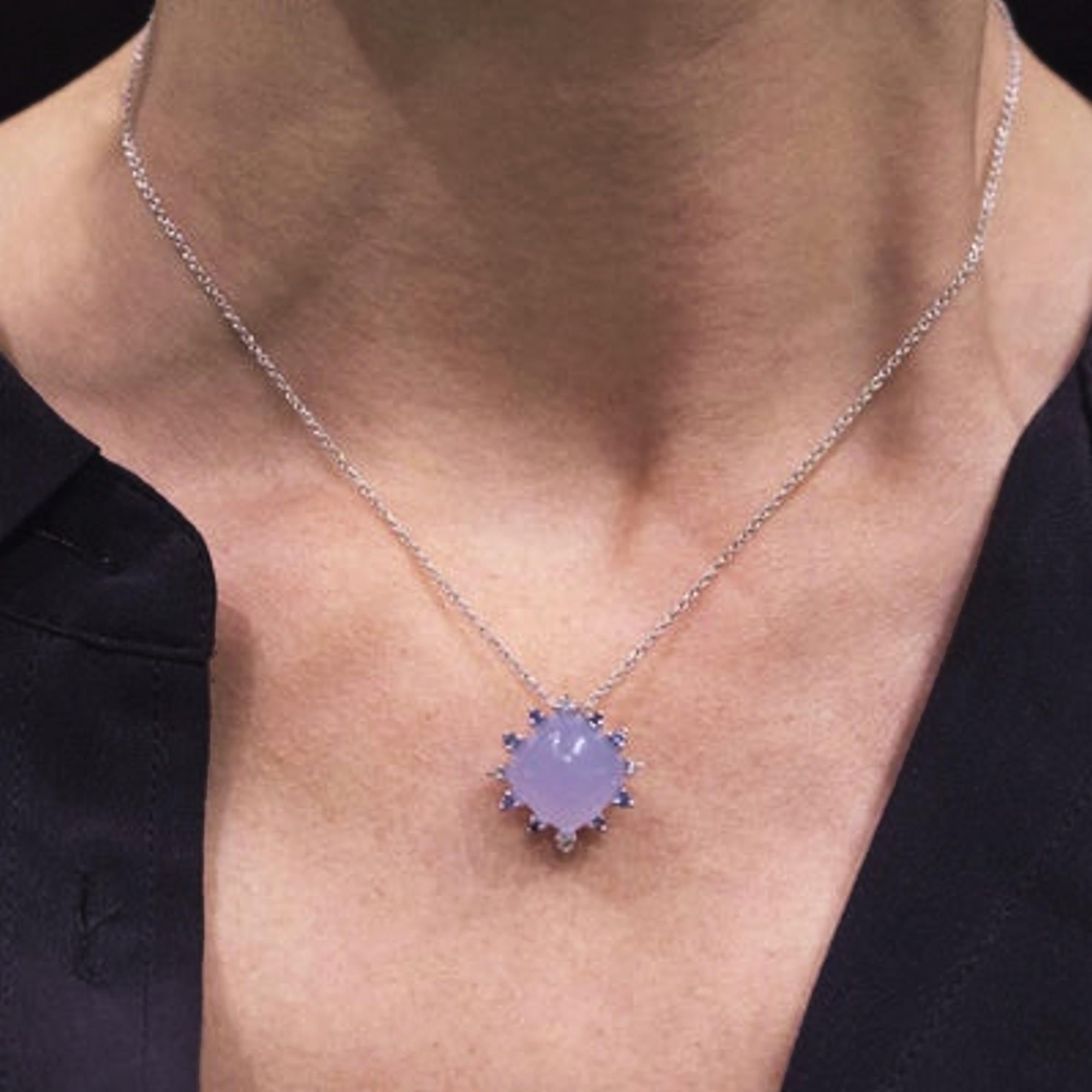 Women's Alex Jona Chalcedony White Diam. Blue Sapphire 18Karat White Gold Pend. Necklace For Sale