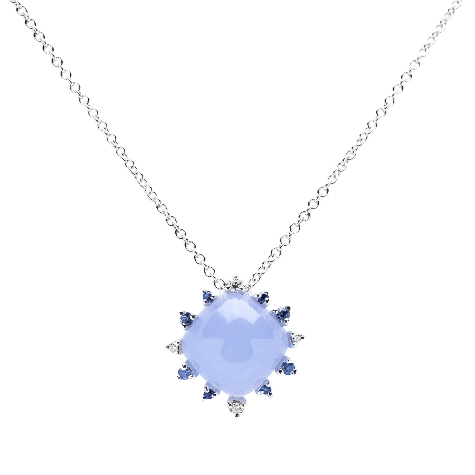 Weißer Diamantschliff von Jona Chalcedon. Blauer blauer Saphir 18 Karat Weißgold Pendelleuchte. Halskette im Angebot 1