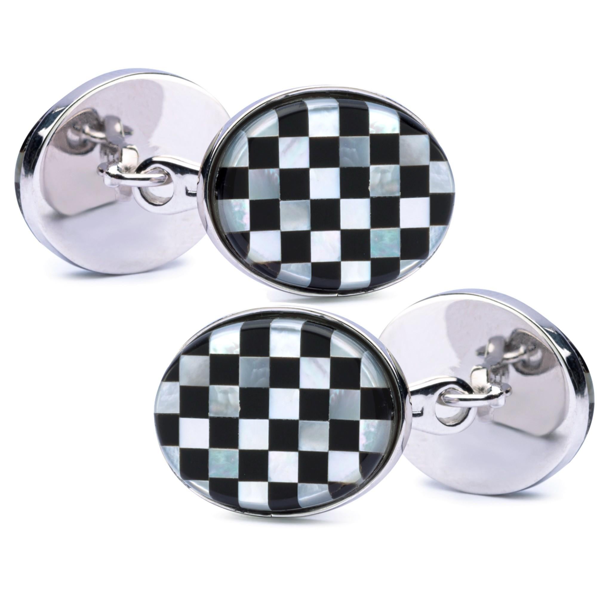Oval Cut Alex Jona Chequer Onyx Oval Sterling Silver Cufflinks For Sale