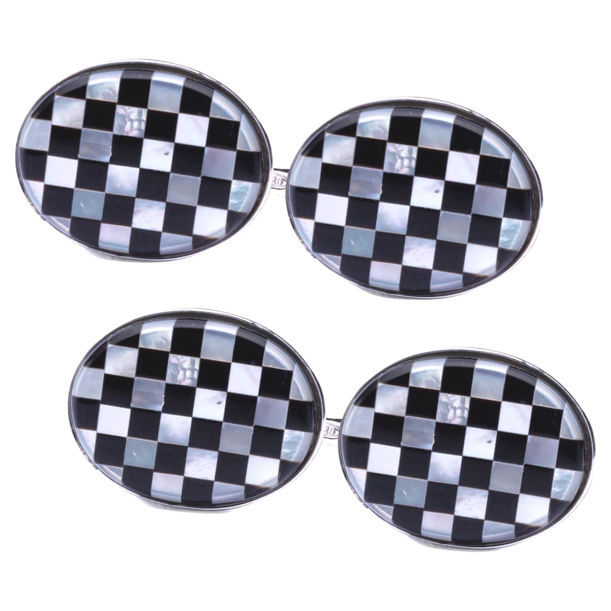 Alex Jona Chequer Onyx Oval Sterling Silver Cufflinks For Sale