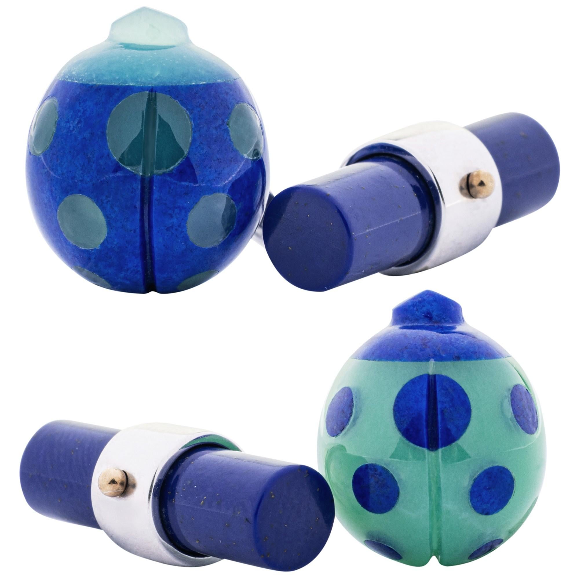 Alex Jona Chrysoprase Lapis Lazuli 18 Karat White Gold Ladybug Cufflinks