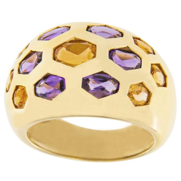 Alex Jona Citrine Amethyst 18 Karat Yellow Gold Dome Ring In New Condition For Sale In Torino, IT