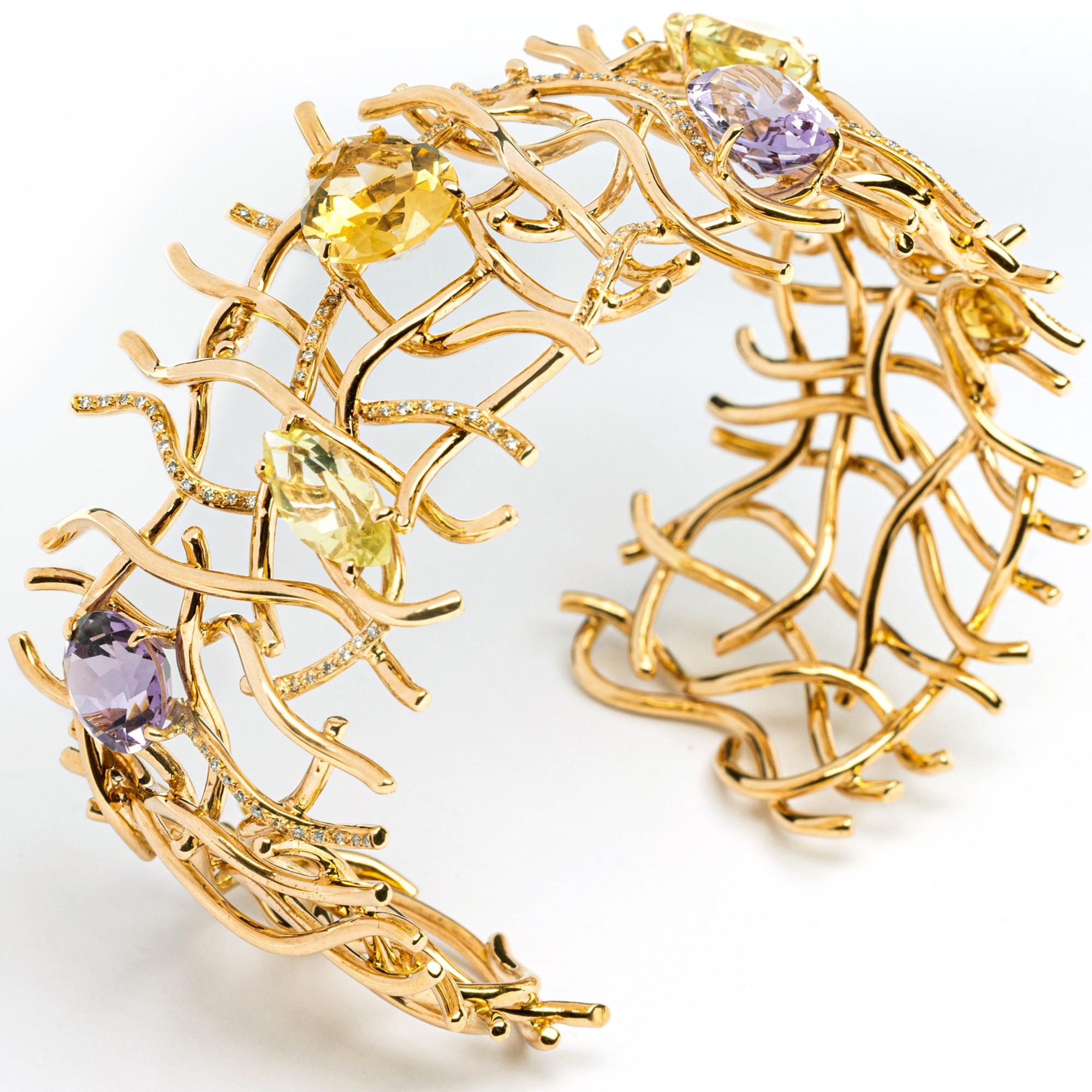 Alex Jona Citrine Amethyst Diamond 8K Rose Gold One-of-a-Kind Cuff Bracelet For Sale