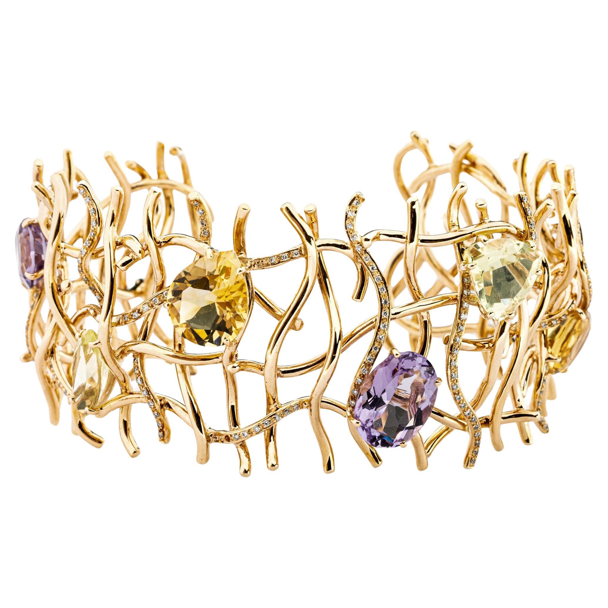 Alex Jona Brazalete de oro rosa de 8 quilates con citrino, amatista y diamante, único en su especie en venta