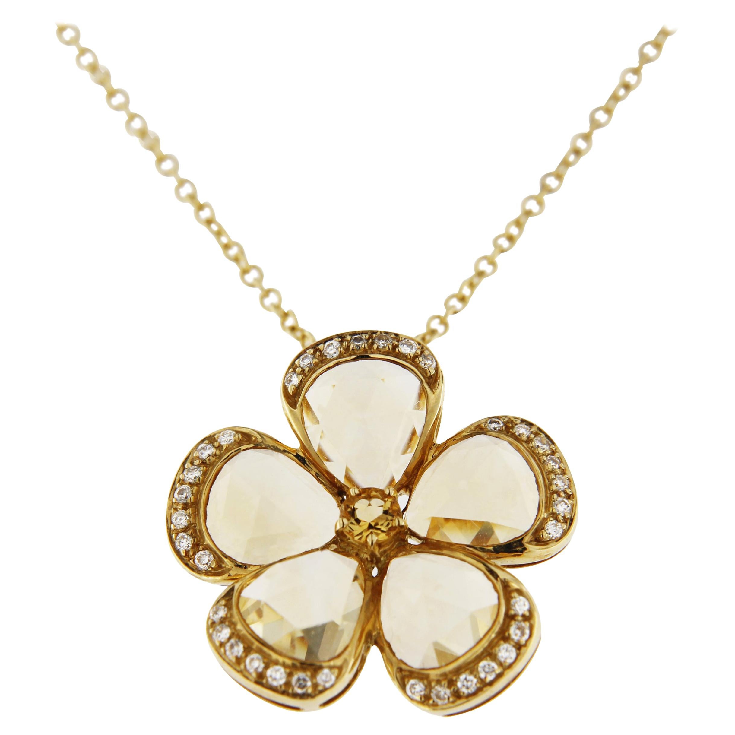 Alex Jona Citrine White Diamond 18 Karat Yellow Gold Flower Pendant Necklace
