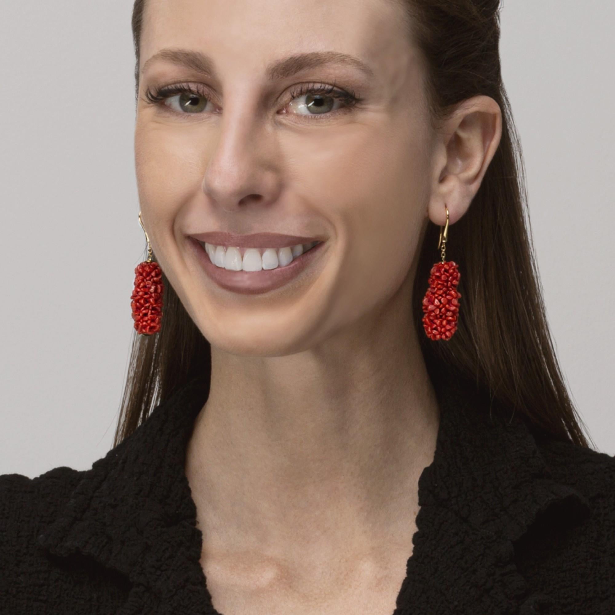 Alex Jona design collection, hand crafted in Italy, 18 karat yellow gold dangle pompon coral pendant earrings. 
Dimension : L 2.34 in x Diameter 0.60 in - L 5.9 cm x Diameter 15.37 mm

Alex Jona jewels stand out, not only for their special design