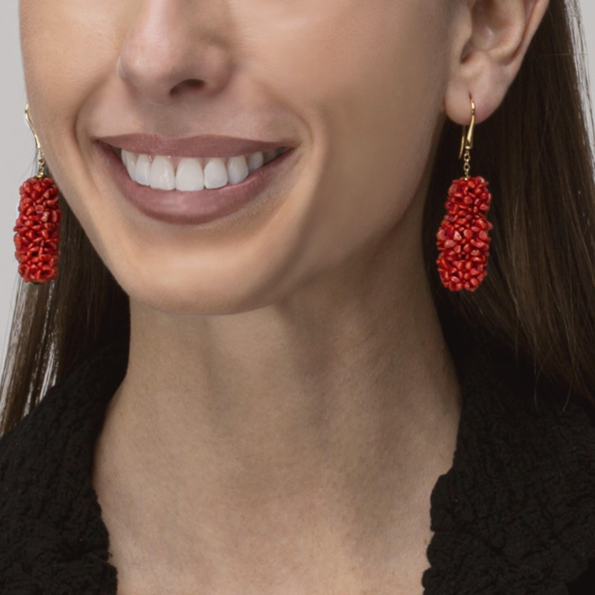 Women's Alex Jona Coral Pompon 18 Karat Yellow Gold Dangle Pendant Earrings For Sale