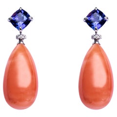 Alex Jona Coral Tanzanite 18 Karat White Gold White Diamond Drop Earrings